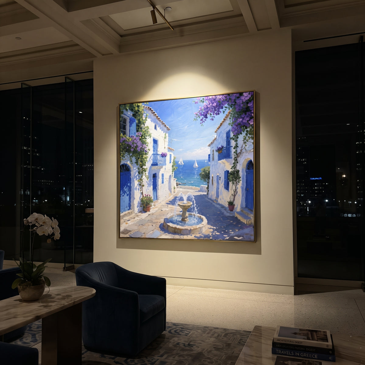 "Blue Door Seaside Terrace Painting" focuses on atmosphere, surface movement, and sculptural heavy impasto craftsmanship rather than a fixed literal storyline. The composition uses this hand-painted Mediterranean canvas features white stucco terrace, blue doors, potted blooms, open view toward the Mediterranean, built with raised palette-knife texture, layered brushwork, and luminous coastal color as the visual anchor, while layered palette-knife paint, raised plaster-like texture, and softened
