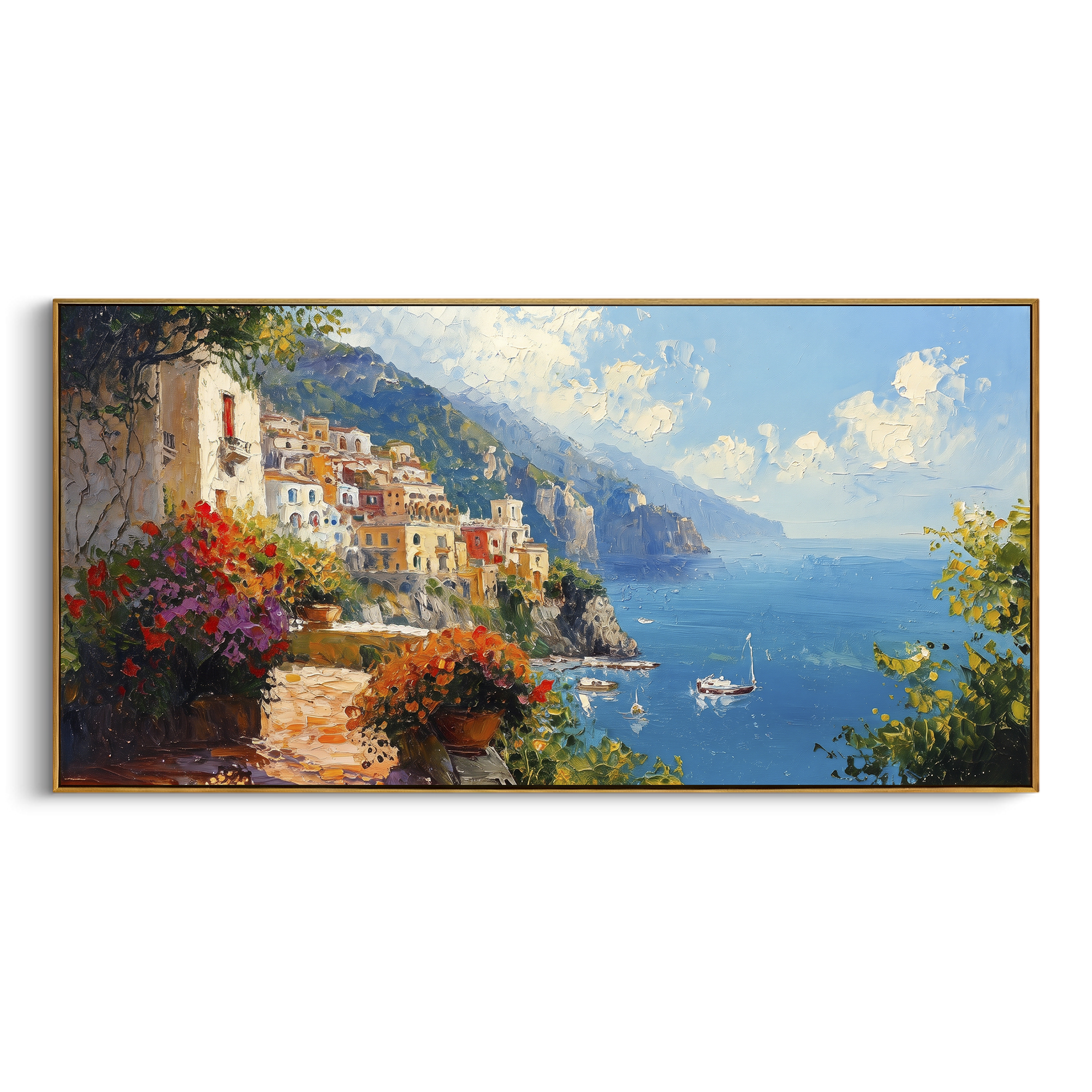 "Coastal Village Boats Painting" focuses on atmosphere, surface movement, and sculptural heavy impasto craftsmanship rather than a fixed literal storyline. The composition uses this hand-painted Mediterranean canvas features colorful waterfront houses, moored boats, shimmering blue harbor reflections, pastel sky, built with raised palette-knife texture, layered brushwork, and luminous coastal color as the visual anchor, while layered palette-knife paint, raised plaster-like texture, and softened