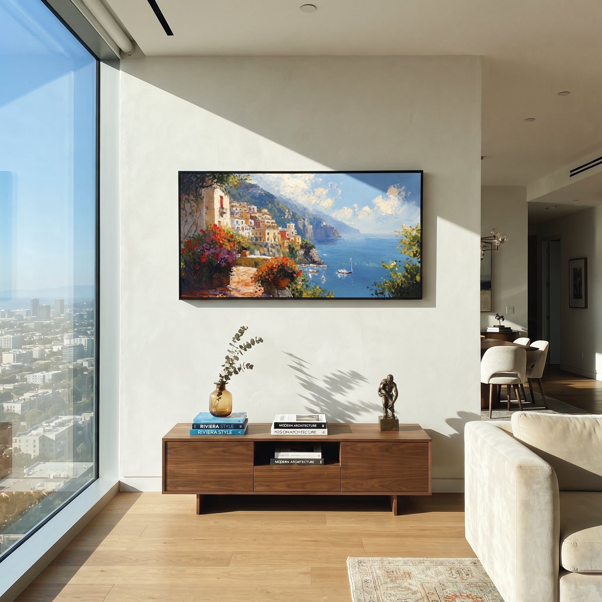"Coastal Village Boats Painting" focuses on atmosphere, surface movement, and sculptural heavy impasto craftsmanship rather than a fixed literal storyline. The composition uses this hand-painted Mediterranean canvas features colorful waterfront houses, moored boats, shimmering blue harbor reflections, pastel sky, built with raised palette-knife texture, layered brushwork, and luminous coastal color as the visual anchor, while layered palette-knife paint, raised plaster-like texture, and softened