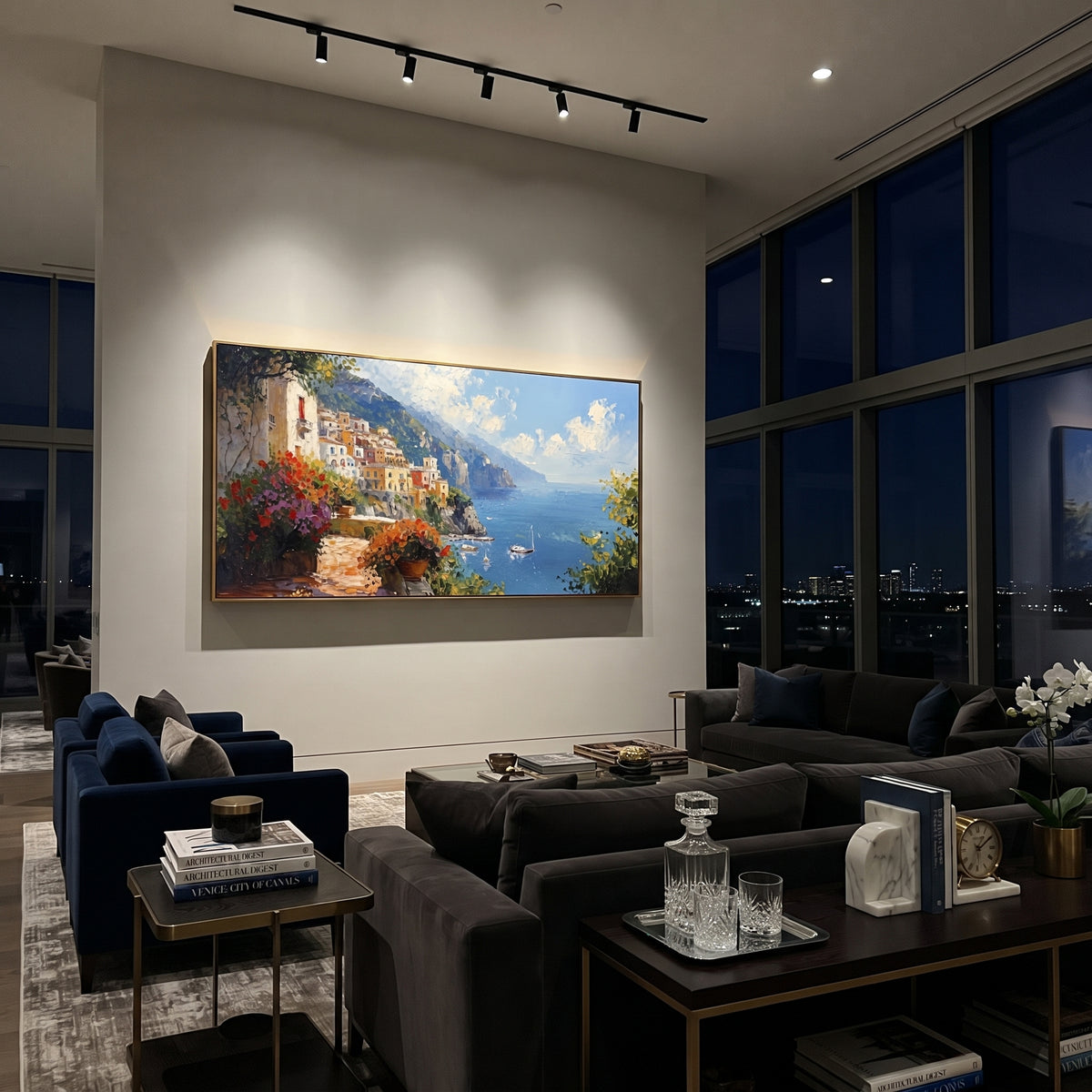 "Coastal Village Boats Painting" focuses on atmosphere, surface movement, and sculptural heavy impasto craftsmanship rather than a fixed literal storyline. The composition uses this hand-painted Mediterranean canvas features colorful waterfront houses, moored boats, shimmering blue harbor reflections, pastel sky, built with raised palette-knife texture, layered brushwork, and luminous coastal color as the visual anchor, while layered palette-knife paint, raised plaster-like texture, and softened