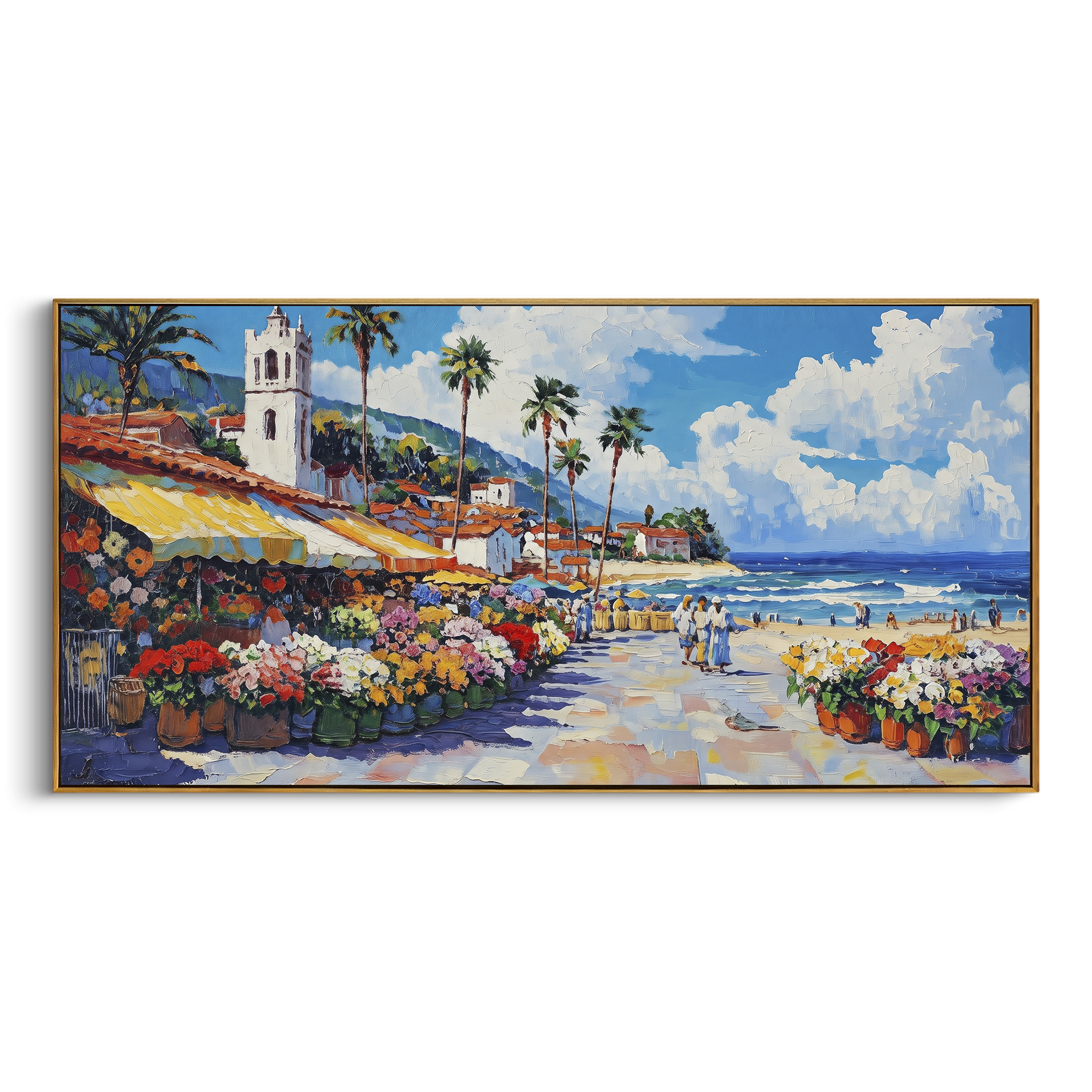 "Flower Market Seaside Painting" focuses on atmosphere, surface movement, and sculptural heavy impasto craftsmanship rather than a fixed literal storyline. The composition uses this hand-painted Mediterranean canvas features sunny seaside promenade with flower stalls, palms, market awnings, distant beach, built with raised palette-knife texture, layered brushwork, and luminous coastal color as the visual anchor, while layered palette-knife paint, raised plaster-like texture, and softened brush