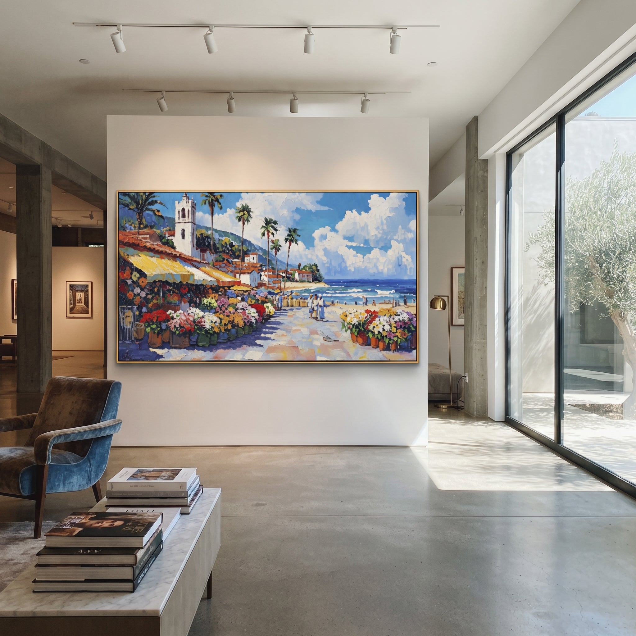 "Flower Market Seaside Painting" focuses on atmosphere, surface movement, and sculptural heavy impasto craftsmanship rather than a fixed literal storyline. The composition uses this hand-painted Mediterranean canvas features sunny seaside promenade with flower stalls, palms, market awnings, distant beach, built with raised palette-knife texture, layered brushwork, and luminous coastal color as the visual anchor, while layered palette-knife paint, raised plaster-like texture, and softened brush