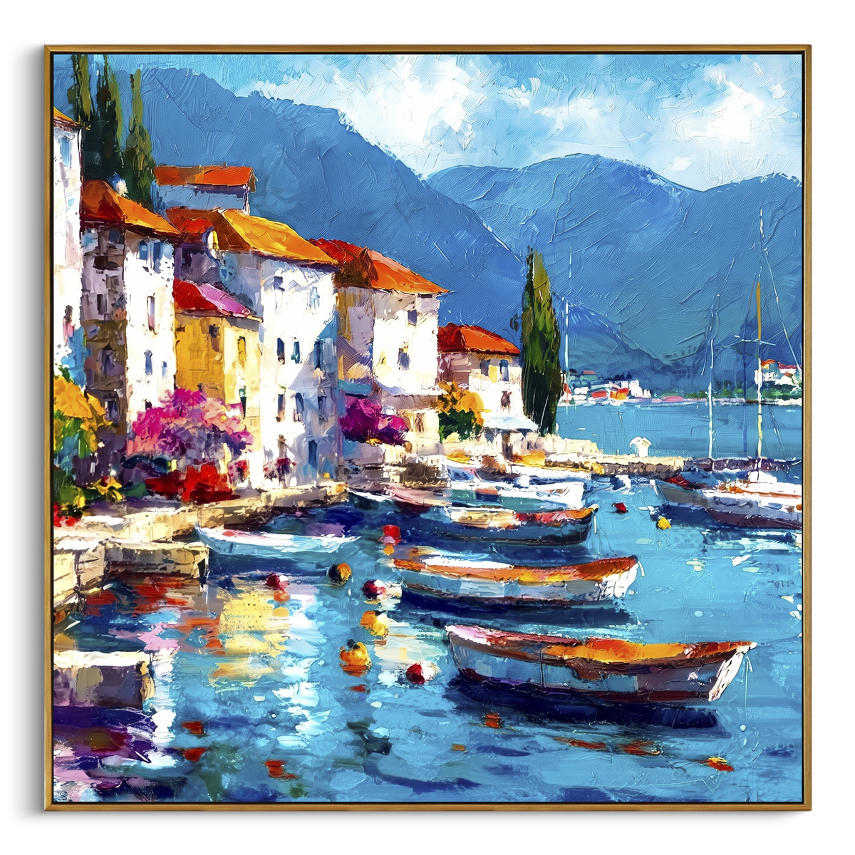 "Sunny Marina Reflections Painting" focuses on atmosphere, surface movement, and sculptural heavy impasto craftsmanship rather than a fixed literal storyline. The composition uses this hand-painted Mediterranean canvas features colorful waterfront houses, moored boats, shimmering blue harbor reflections, pastel sky, built with raised palette-knife texture, layered brushwork, and luminous coastal color as the visual anchor, while layered palette-knife paint, raised plaster-like texture, and