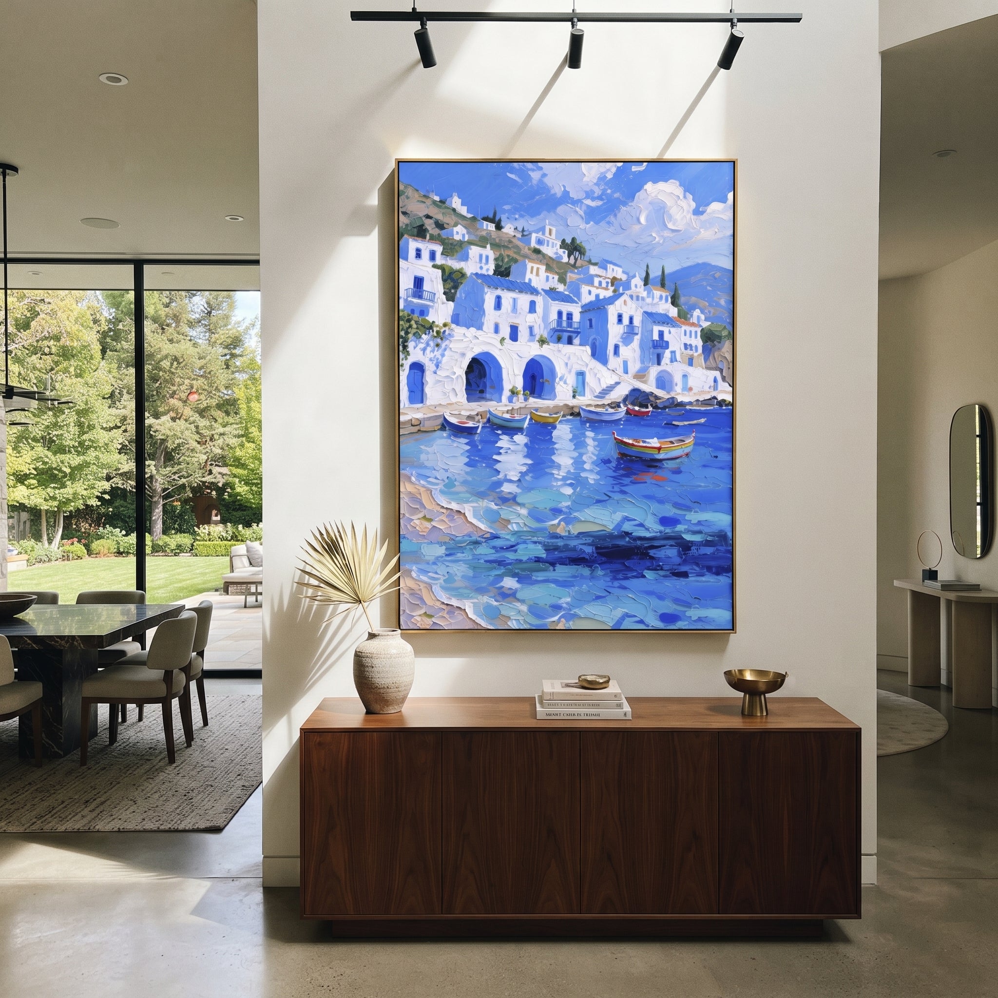 "Colorful Harbor Village Study Painting" focuses on atmosphere, surface movement, and sculptural heavy impasto craftsmanship rather than a fixed literal storyline. The composition uses this hand-painted Mediterranean canvas features colorful waterfront houses, moored boats, shimmering blue harbor reflections, pastel sky, built with raised palette-knife texture, layered brushwork, and luminous coastal color as the visual anchor, while layered palette-knife paint, raised plaster-like texture, and