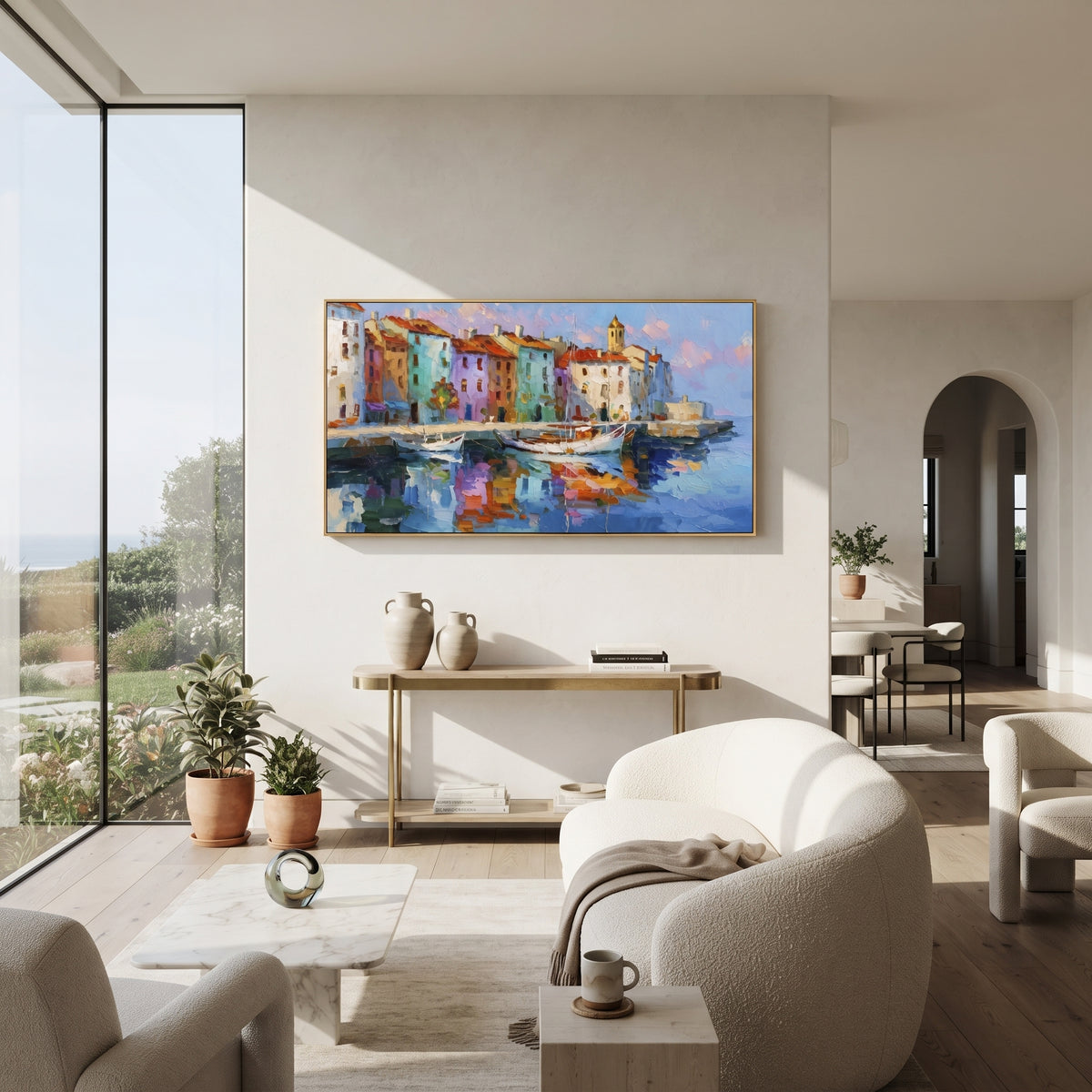"Stacked Seaside Village Painting" focuses on atmosphere, surface movement, and sculptural heavy impasto craftsmanship rather than a fixed literal storyline. The composition uses this hand-painted Mediterranean canvas features stacked pastel buildings on seaside cliffs, boats below, bright impasto coastal color, built with raised palette-knife texture, layered brushwork, and luminous coastal color as the visual anchor, while layered palette-knife paint, raised plaster-like texture, and softened