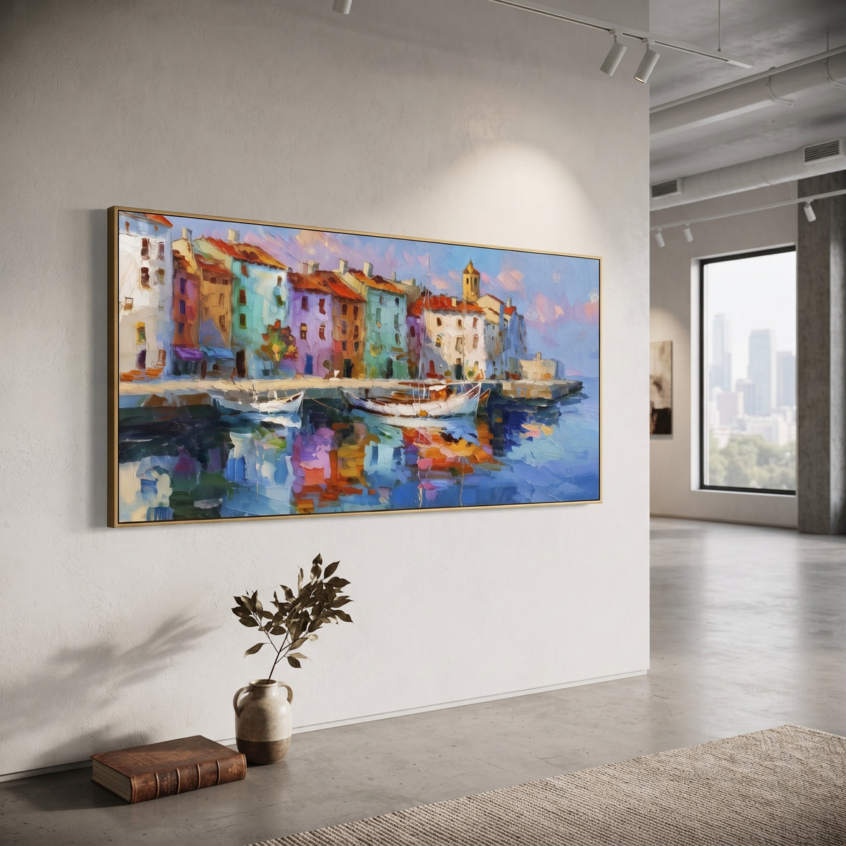 "Stacked Seaside Village Painting" focuses on atmosphere, surface movement, and sculptural heavy impasto craftsmanship rather than a fixed literal storyline. The composition uses this hand-painted Mediterranean canvas features stacked pastel buildings on seaside cliffs, boats below, bright impasto coastal color, built with raised palette-knife texture, layered brushwork, and luminous coastal color as the visual anchor, while layered palette-knife paint, raised plaster-like texture, and softened