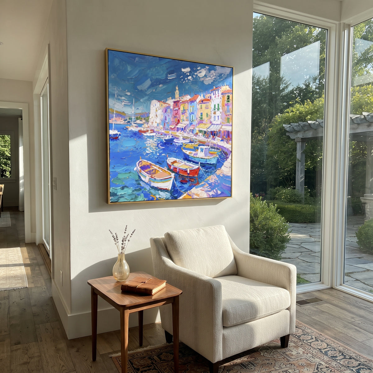 "Mediterranean Boat Harbor Study Painting" focuses on atmosphere, surface movement, and sculptural heavy impasto craftsmanship rather than a fixed literal storyline. The composition uses this hand-painted Mediterranean canvas features colorful waterfront houses, moored boats, shimmering blue harbor reflections, pastel sky, built with raised palette-knife texture, layered brushwork, and luminous coastal color as the visual anchor, while layered palette-knife paint, raised plaster-like texture