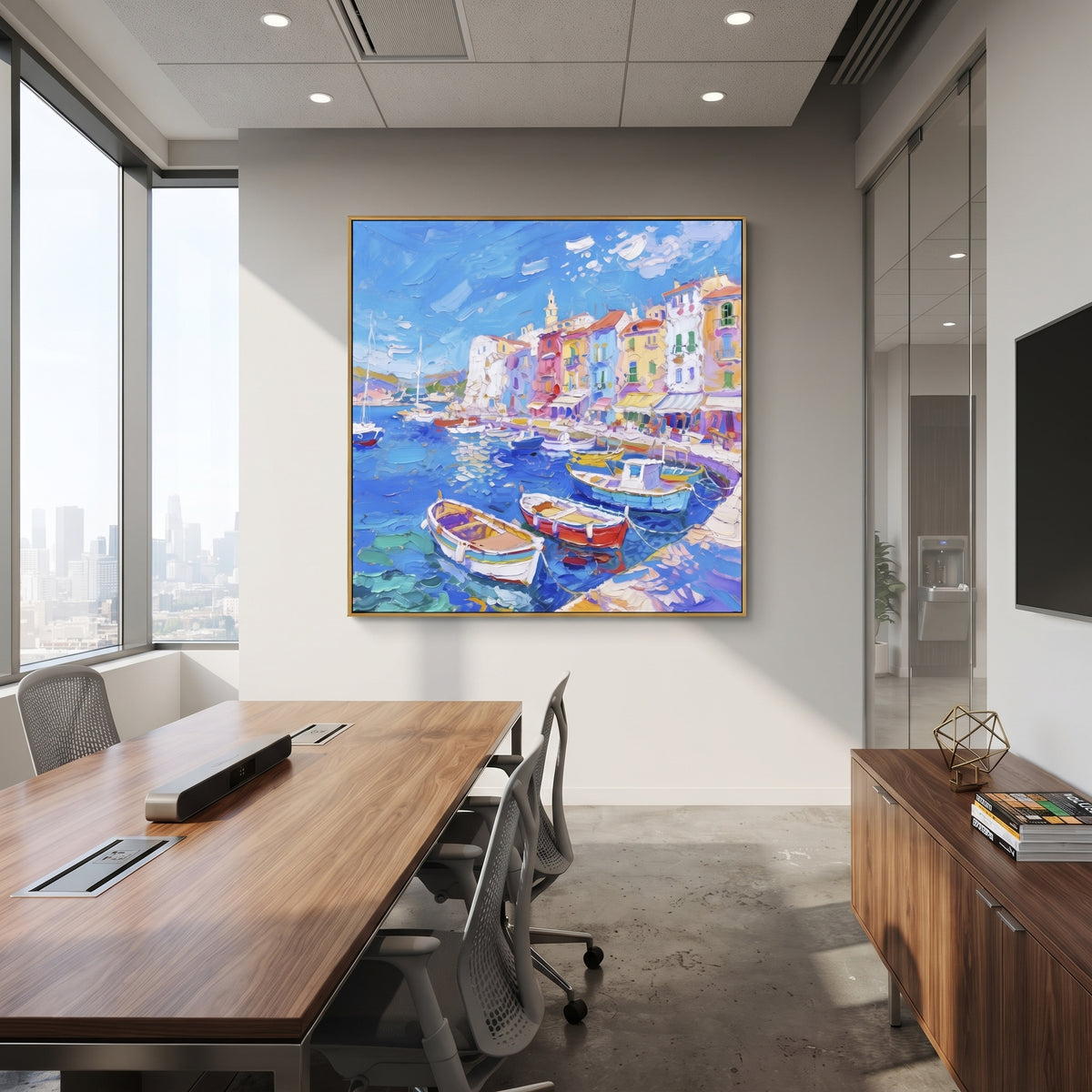 "Mediterranean Boat Harbor Study Painting" focuses on atmosphere, surface movement, and sculptural heavy impasto craftsmanship rather than a fixed literal storyline. The composition uses this hand-painted Mediterranean canvas features colorful waterfront houses, moored boats, shimmering blue harbor reflections, pastel sky, built with raised palette-knife texture, layered brushwork, and luminous coastal color as the visual anchor, while layered palette-knife paint, raised plaster-like texture