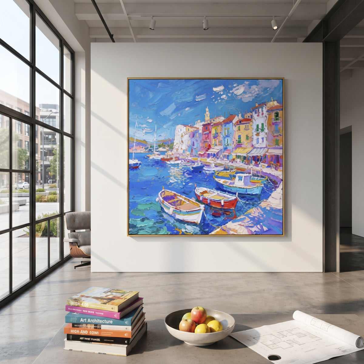 "Mediterranean Boat Harbor Study Painting" focuses on atmosphere, surface movement, and sculptural heavy impasto craftsmanship rather than a fixed literal storyline. The composition uses this hand-painted Mediterranean canvas features colorful waterfront houses, moored boats, shimmering blue harbor reflections, pastel sky, built with raised palette-knife texture, layered brushwork, and luminous coastal color as the visual anchor, while layered palette-knife paint, raised plaster-like texture