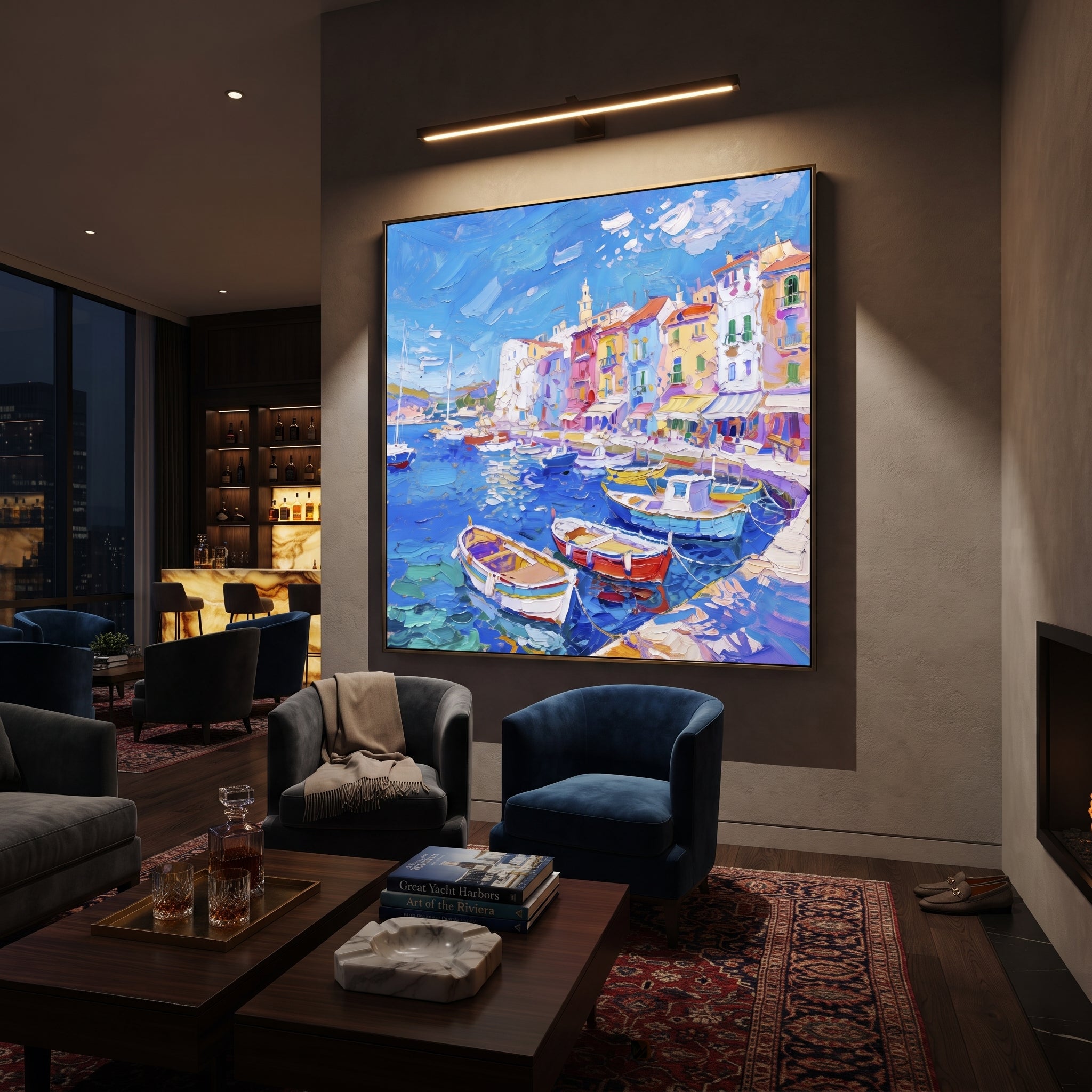 "Mediterranean Boat Harbor Study Painting" focuses on atmosphere, surface movement, and sculptural heavy impasto craftsmanship rather than a fixed literal storyline. The composition uses this hand-painted Mediterranean canvas features colorful waterfront houses, moored boats, shimmering blue harbor reflections, pastel sky, built with raised palette-knife texture, layered brushwork, and luminous coastal color as the visual anchor, while layered palette-knife paint, raised plaster-like texture