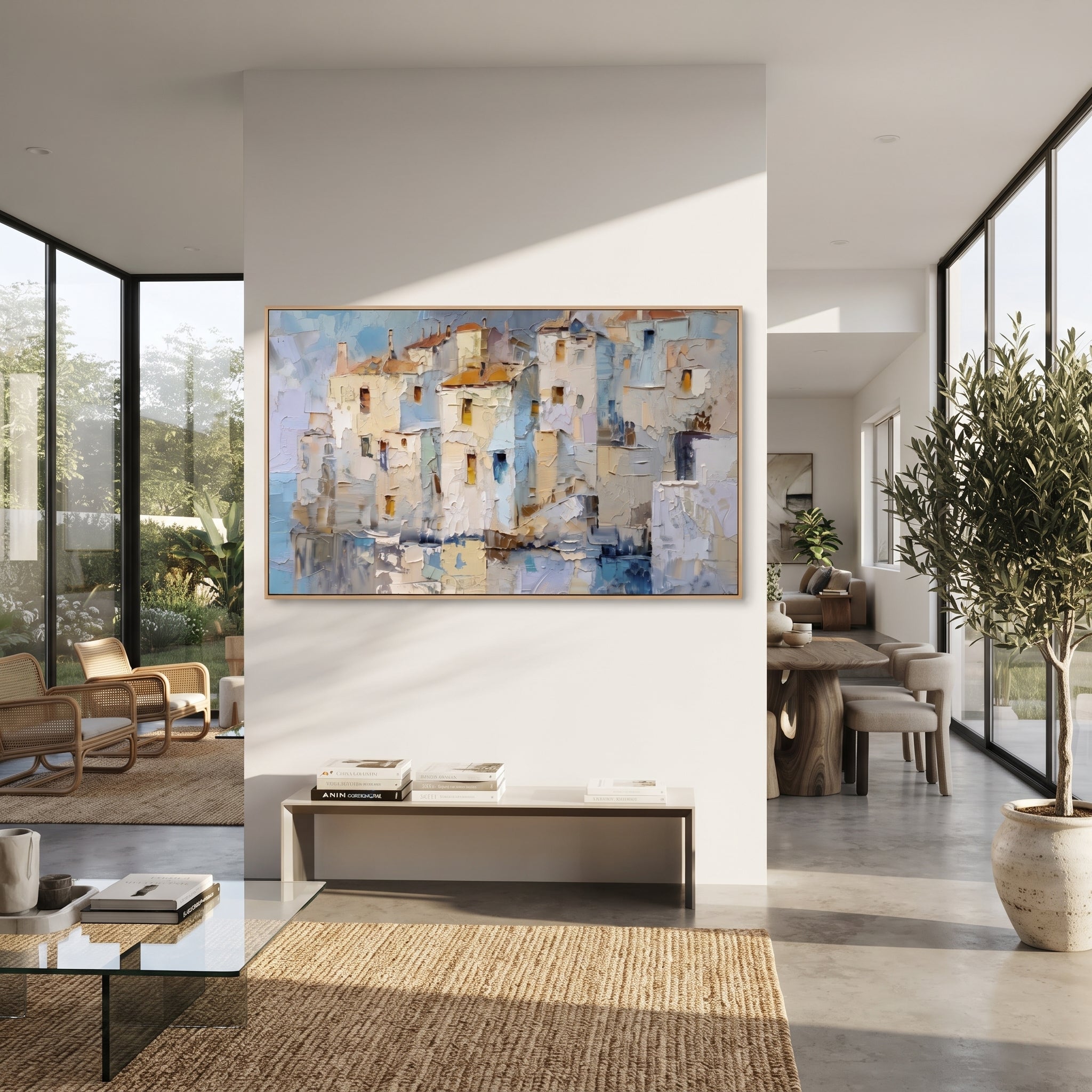 "Mediterranean Patio Painting" focuses on atmosphere, surface movement, and sculptural heavy impasto craftsmanship rather than a fixed literal storyline. The composition uses this hand-painted Mediterranean canvas features white stucco terrace, blue doors, potted blooms, open view toward the Mediterranean, built with raised palette-knife texture, layered brushwork, and luminous coastal color as the visual anchor, while layered palette-knife paint, raised plaster-like texture, and softened brush
