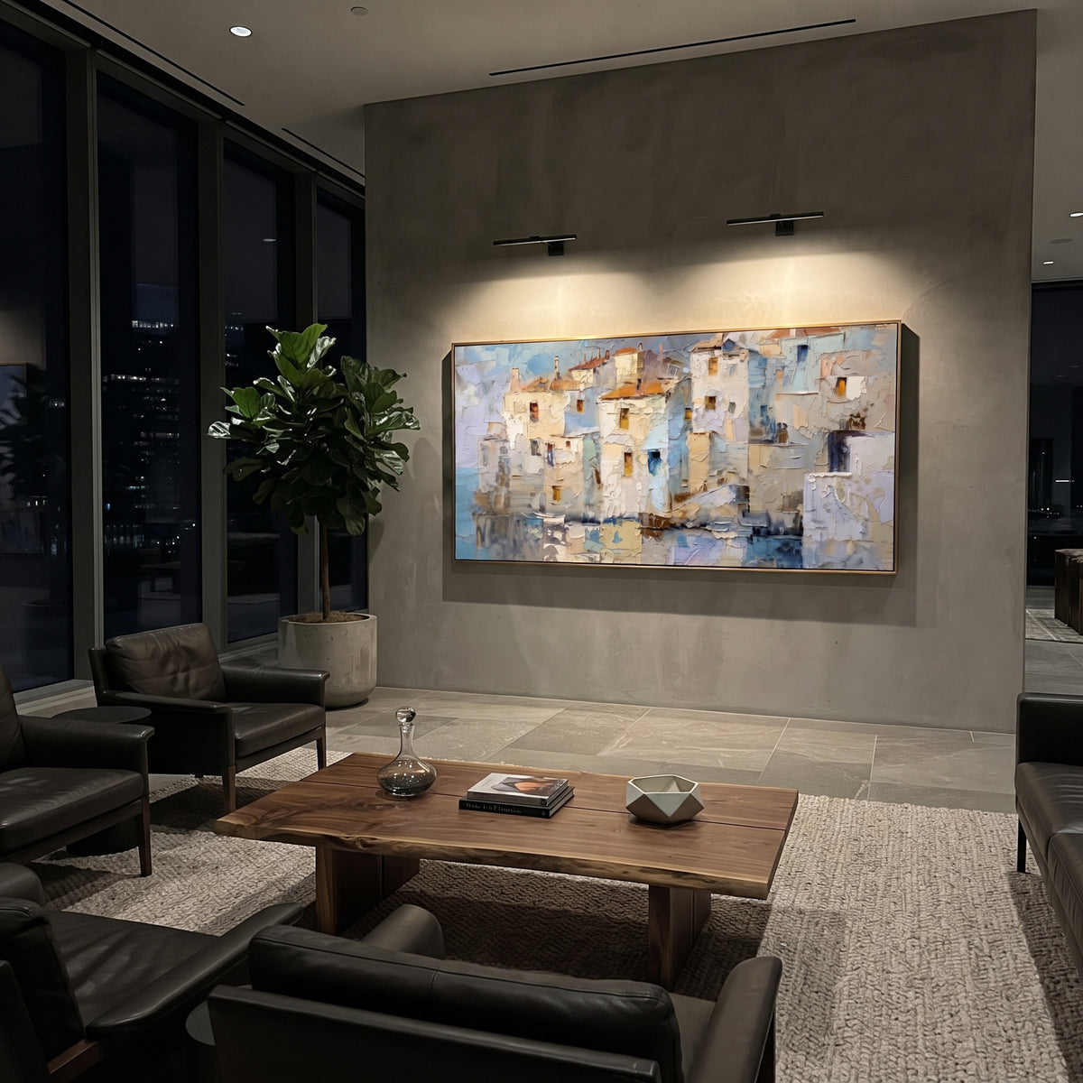 "Mediterranean Patio Painting" focuses on atmosphere, surface movement, and sculptural heavy impasto craftsmanship rather than a fixed literal storyline. The composition uses this hand-painted Mediterranean canvas features white stucco terrace, blue doors, potted blooms, open view toward the Mediterranean, built with raised palette-knife texture, layered brushwork, and luminous coastal color as the visual anchor, while layered palette-knife paint, raised plaster-like texture, and softened brush
