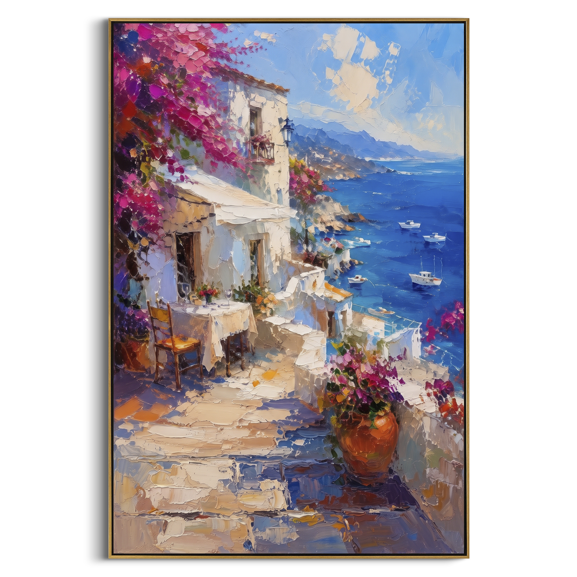 "Coastal Garden with Sails Study Painting" focuses on atmosphere, surface movement, and sculptural heavy impasto craftsmanship rather than a fixed literal storyline. The composition uses this hand-painted Mediterranean canvas features sailboats on a blue bay, flowering terrace, coastal town and luminous summer sky, built with raised palette-knife texture, layered brushwork, and luminous coastal color as the visual anchor, while layered palette-knife paint, raised plaster-like texture, and