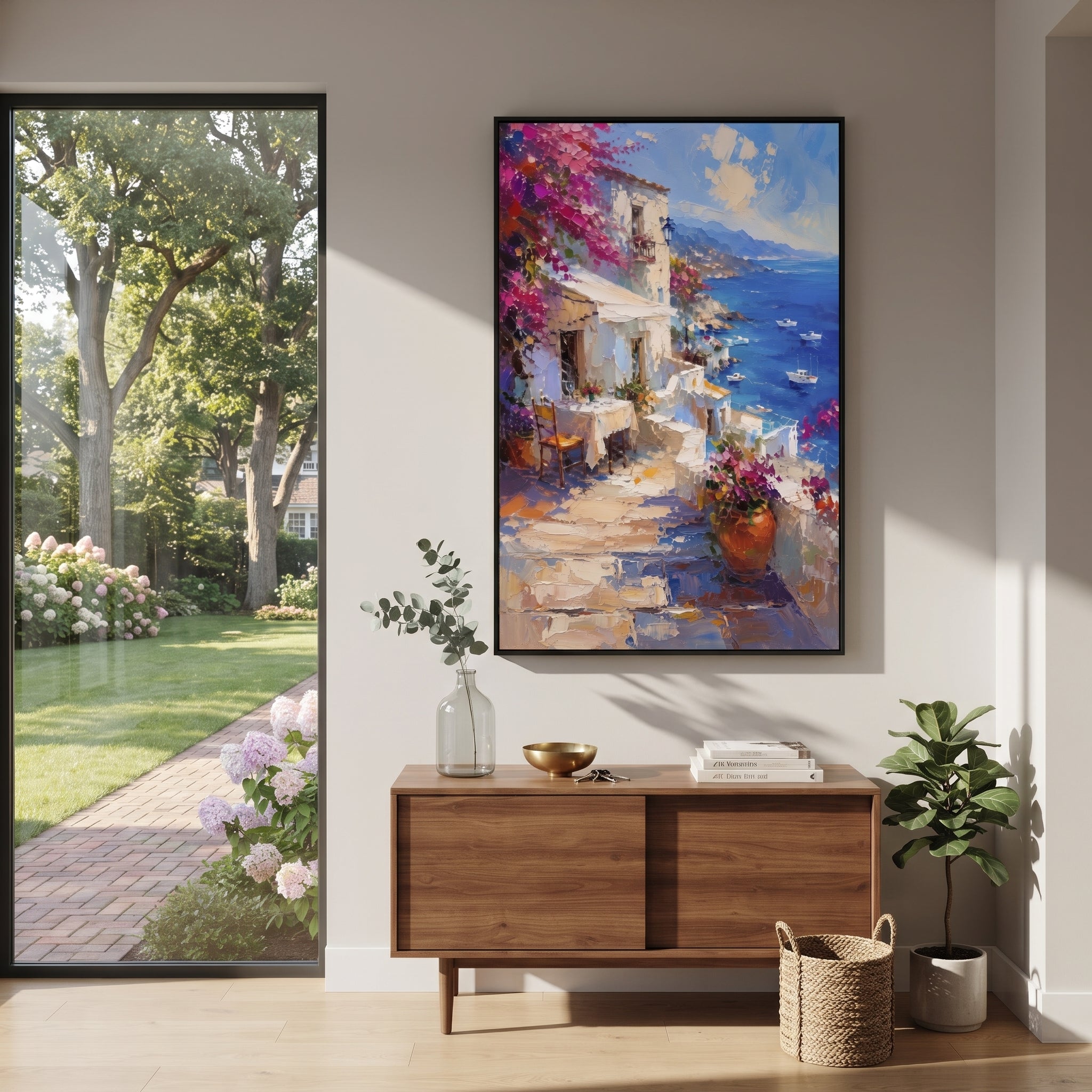 "Coastal Garden with Sails Study Painting" focuses on atmosphere, surface movement, and sculptural heavy impasto craftsmanship rather than a fixed literal storyline. The composition uses this hand-painted Mediterranean canvas features sailboats on a blue bay, flowering terrace, coastal town and luminous summer sky, built with raised palette-knife texture, layered brushwork, and luminous coastal color as the visual anchor, while layered palette-knife paint, raised plaster-like texture, and