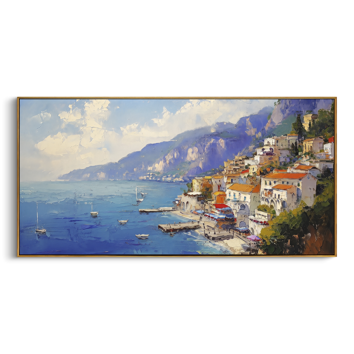 "Pastel Waterfront Reflections Study Painting" focuses on atmosphere, surface movement, and sculptural heavy impasto craftsmanship rather than a fixed literal storyline. The composition uses this hand-painted Mediterranean canvas features colorful waterfront houses, moored boats, shimmering blue harbor reflections, pastel sky, built with raised palette-knife texture, layered brushwork, and luminous coastal color as the visual anchor, while layered palette-knife paint, raised plaster-like