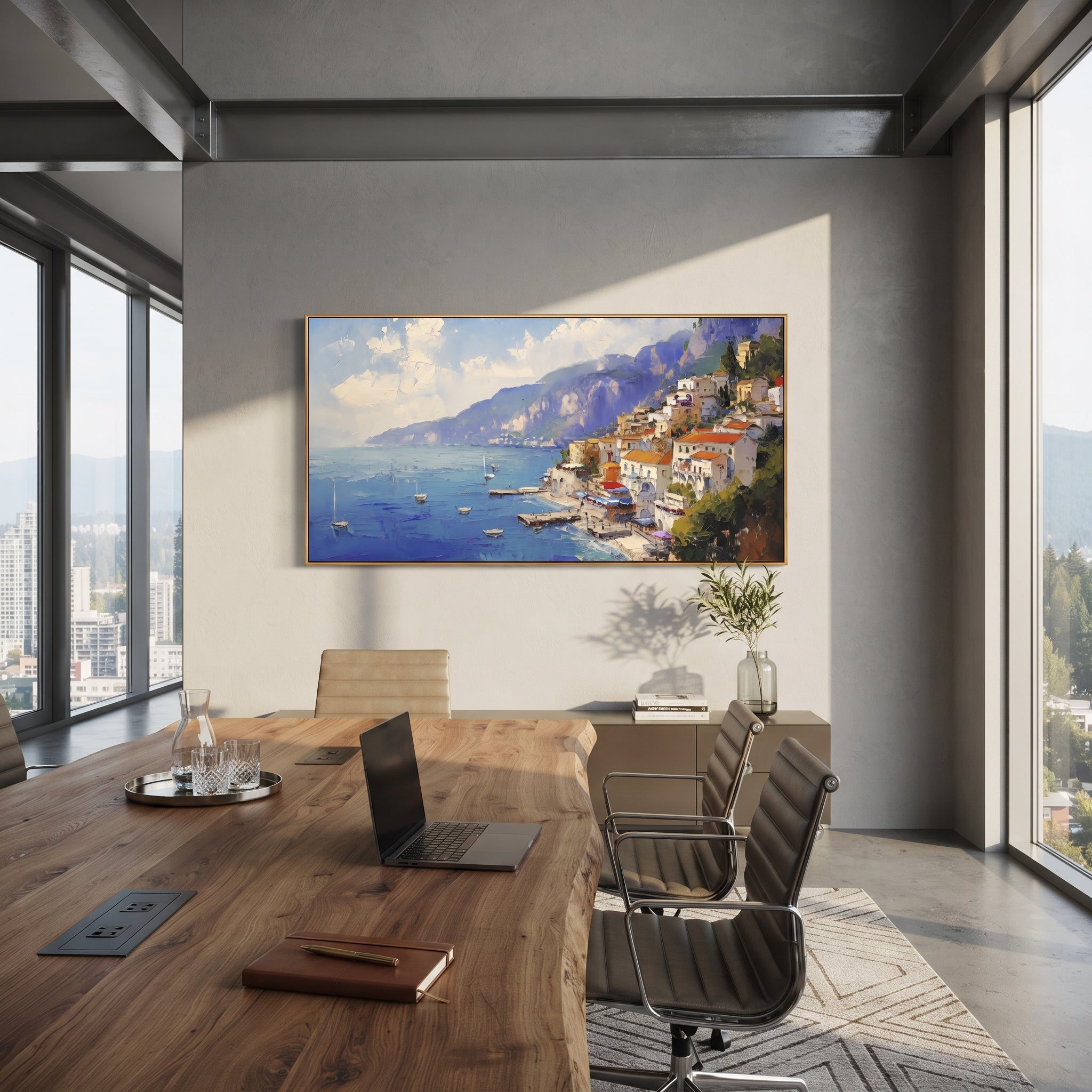 "Pastel Waterfront Reflections Study Painting" focuses on atmosphere, surface movement, and sculptural heavy impasto craftsmanship rather than a fixed literal storyline. The composition uses this hand-painted Mediterranean canvas features colorful waterfront houses, moored boats, shimmering blue harbor reflections, pastel sky, built with raised palette-knife texture, layered brushwork, and luminous coastal color as the visual anchor, while layered palette-knife paint, raised plaster-like