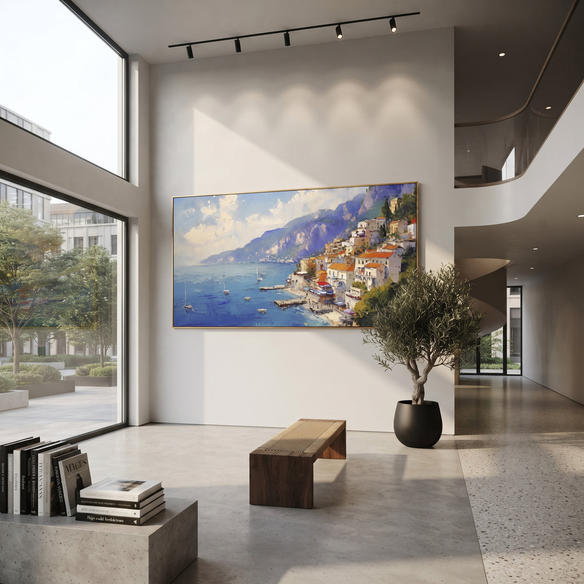 "Pastel Waterfront Reflections Study Painting" focuses on atmosphere, surface movement, and sculptural heavy impasto craftsmanship rather than a fixed literal storyline. The composition uses this hand-painted Mediterranean canvas features colorful waterfront houses, moored boats, shimmering blue harbor reflections, pastel sky, built with raised palette-knife texture, layered brushwork, and luminous coastal color as the visual anchor, while layered palette-knife paint, raised plaster-like