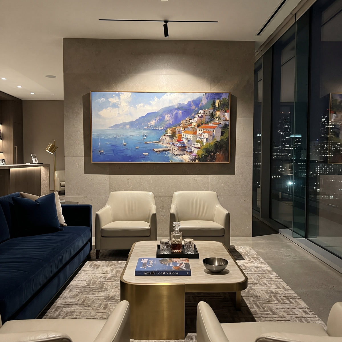 "Pastel Waterfront Reflections Study Painting" focuses on atmosphere, surface movement, and sculptural heavy impasto craftsmanship rather than a fixed literal storyline. The composition uses this hand-painted Mediterranean canvas features colorful waterfront houses, moored boats, shimmering blue harbor reflections, pastel sky, built with raised palette-knife texture, layered brushwork, and luminous coastal color as the visual anchor, while layered palette-knife paint, raised plaster-like