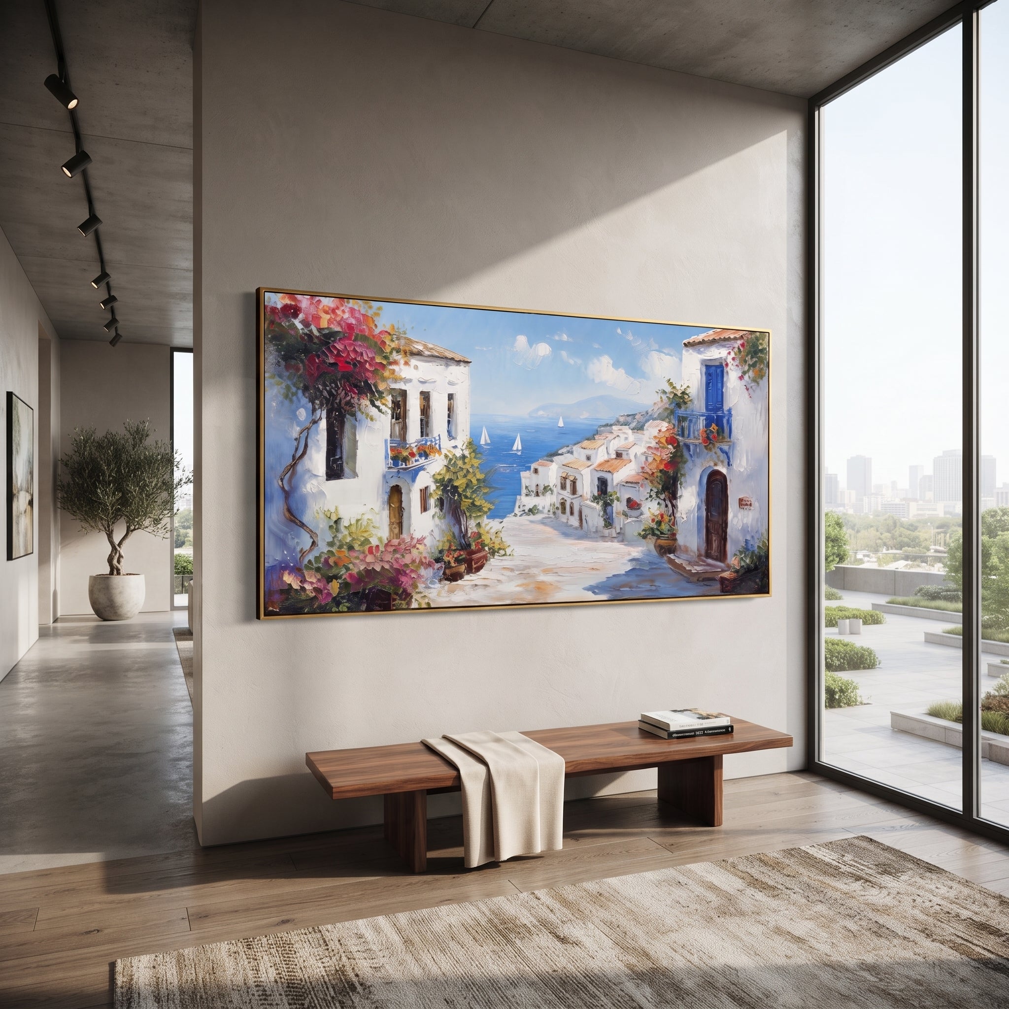 "Seaside Village Harbor Study Painting" focuses on atmosphere, surface movement, and sculptural heavy impasto craftsmanship rather than a fixed literal storyline. The composition uses this hand-painted Mediterranean canvas features colorful waterfront houses, moored boats, shimmering blue harbor reflections, pastel sky, built with raised palette-knife texture, layered brushwork, and luminous coastal color as the visual anchor, while layered palette-knife paint, raised plaster-like texture, and