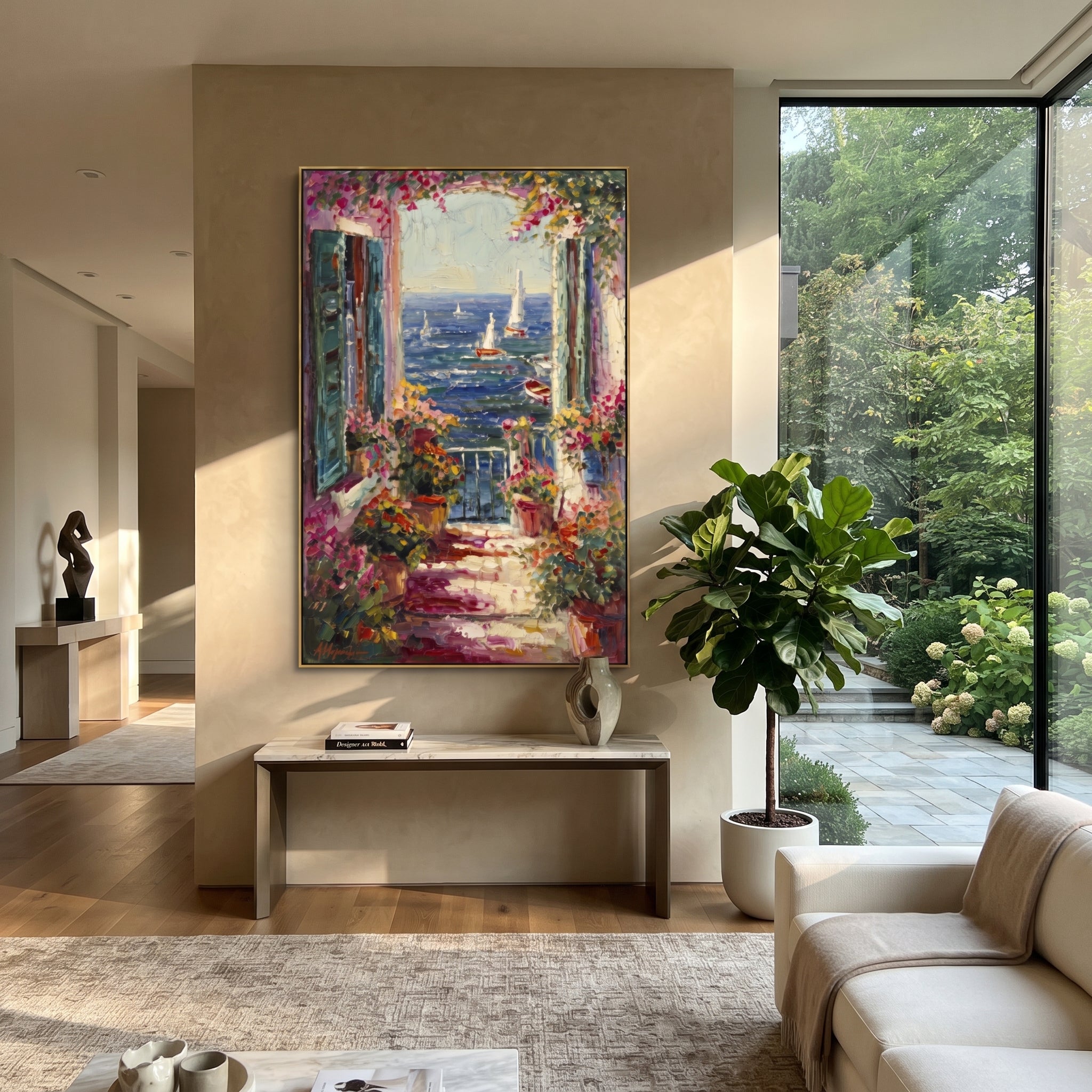"Open Window Coastal Painting" focuses on atmosphere, surface movement, and sculptural heavy impasto craftsmanship rather than a fixed literal storyline. The composition uses this hand-painted Mediterranean canvas features open blue shutters, lemon branches, calm sea view, bright white wall and terrace light, built with raised palette-knife texture, layered brushwork, and luminous coastal color as the visual anchor, while layered palette-knife paint, raised plaster-like texture, and softened
