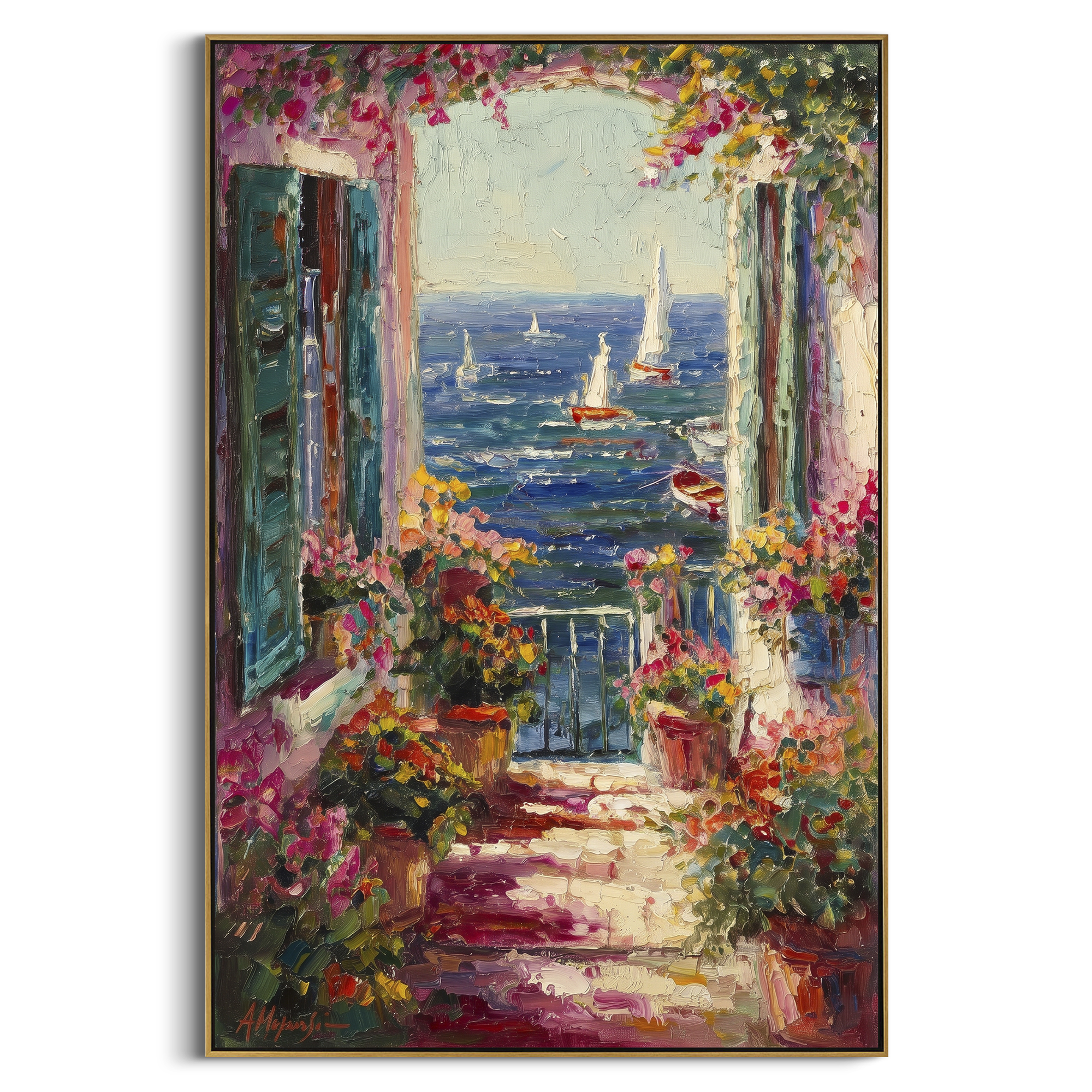 "Open Window Coastal Painting" focuses on atmosphere, surface movement, and sculptural heavy impasto craftsmanship rather than a fixed literal storyline. The composition uses this hand-painted Mediterranean canvas features open blue shutters, lemon branches, calm sea view, bright white wall and terrace light, built with raised palette-knife texture, layered brushwork, and luminous coastal color as the visual anchor, while layered palette-knife paint, raised plaster-like texture, and softened