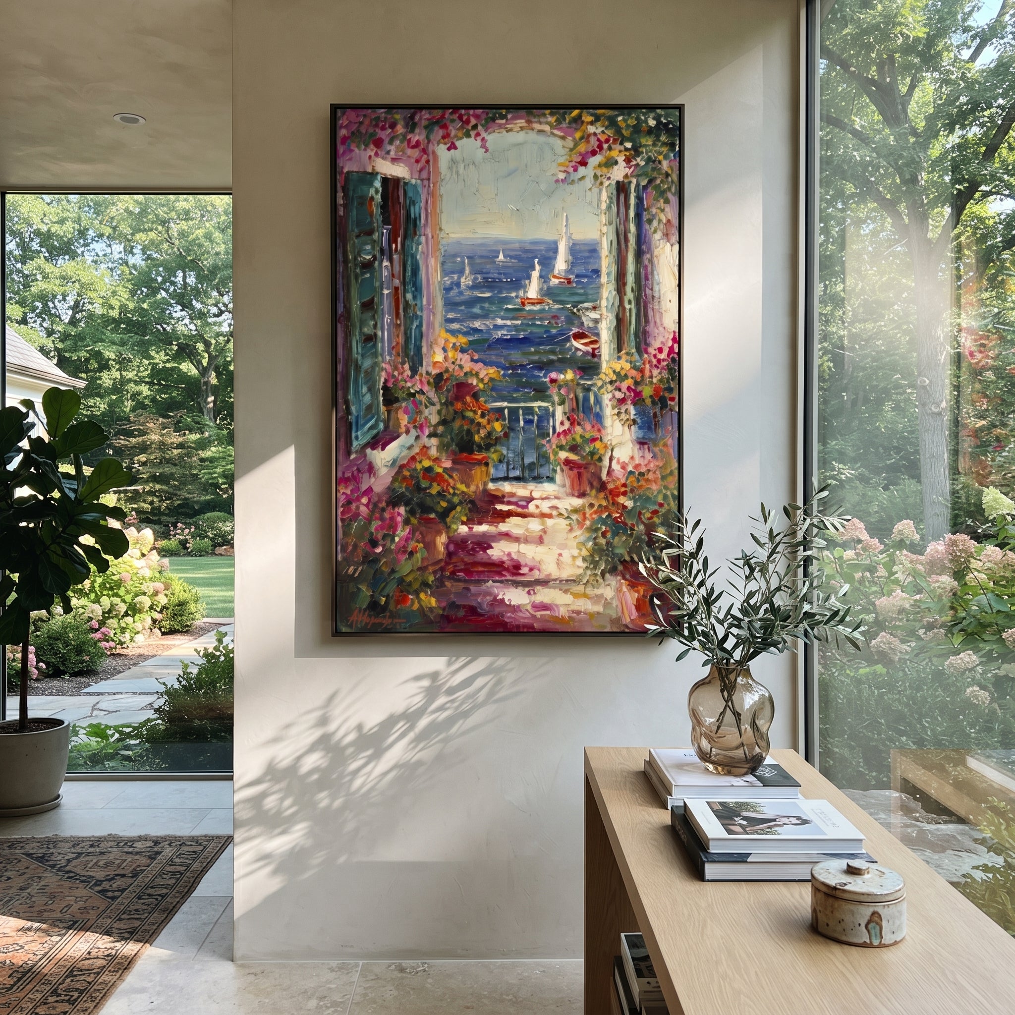 "Open Window Coastal Painting" focuses on atmosphere, surface movement, and sculptural heavy impasto craftsmanship rather than a fixed literal storyline. The composition uses this hand-painted Mediterranean canvas features open blue shutters, lemon branches, calm sea view, bright white wall and terrace light, built with raised palette-knife texture, layered brushwork, and luminous coastal color as the visual anchor, while layered palette-knife paint, raised plaster-like texture, and softened