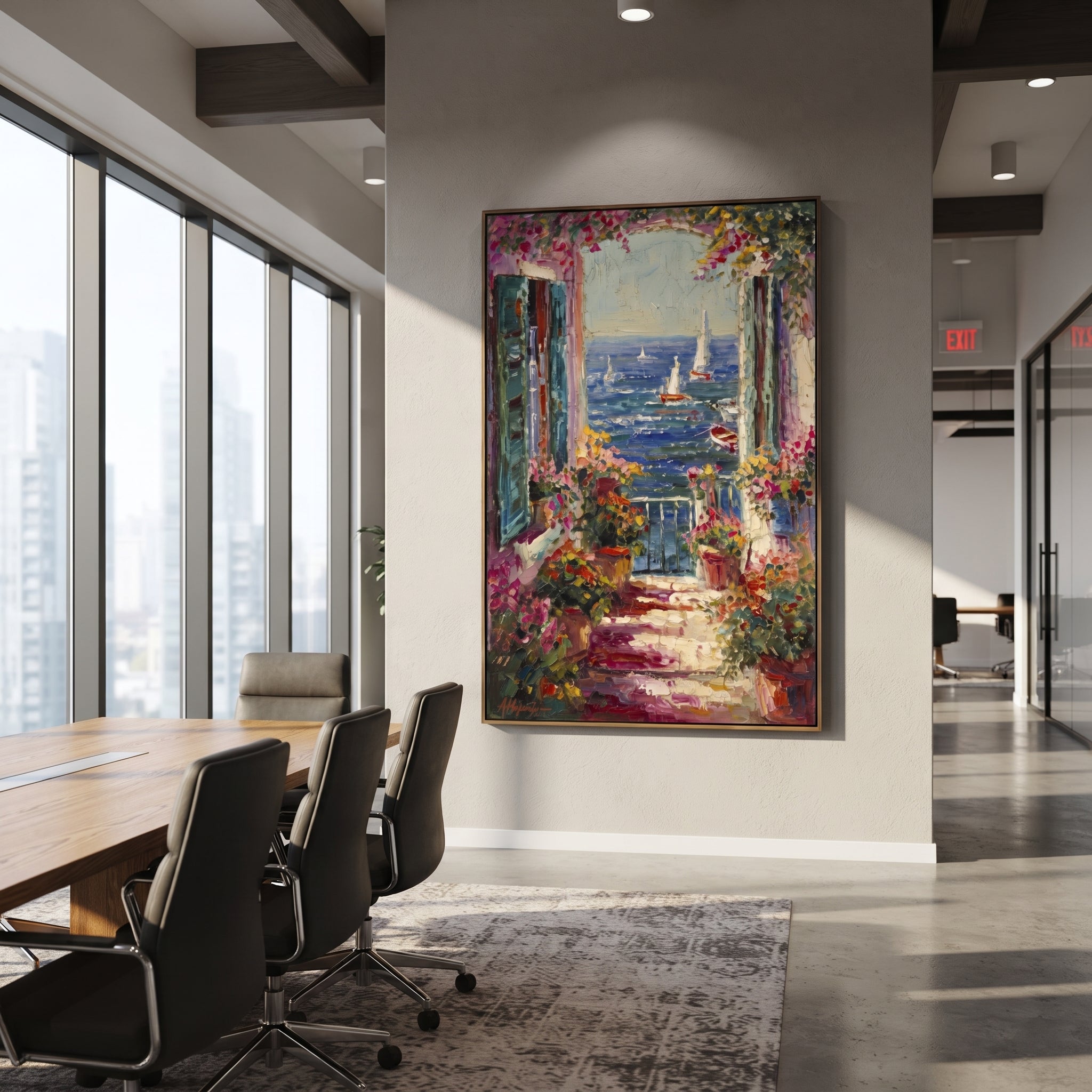 "Open Window Coastal Painting" focuses on atmosphere, surface movement, and sculptural heavy impasto craftsmanship rather than a fixed literal storyline. The composition uses this hand-painted Mediterranean canvas features open blue shutters, lemon branches, calm sea view, bright white wall and terrace light, built with raised palette-knife texture, layered brushwork, and luminous coastal color as the visual anchor, while layered palette-knife paint, raised plaster-like texture, and softened