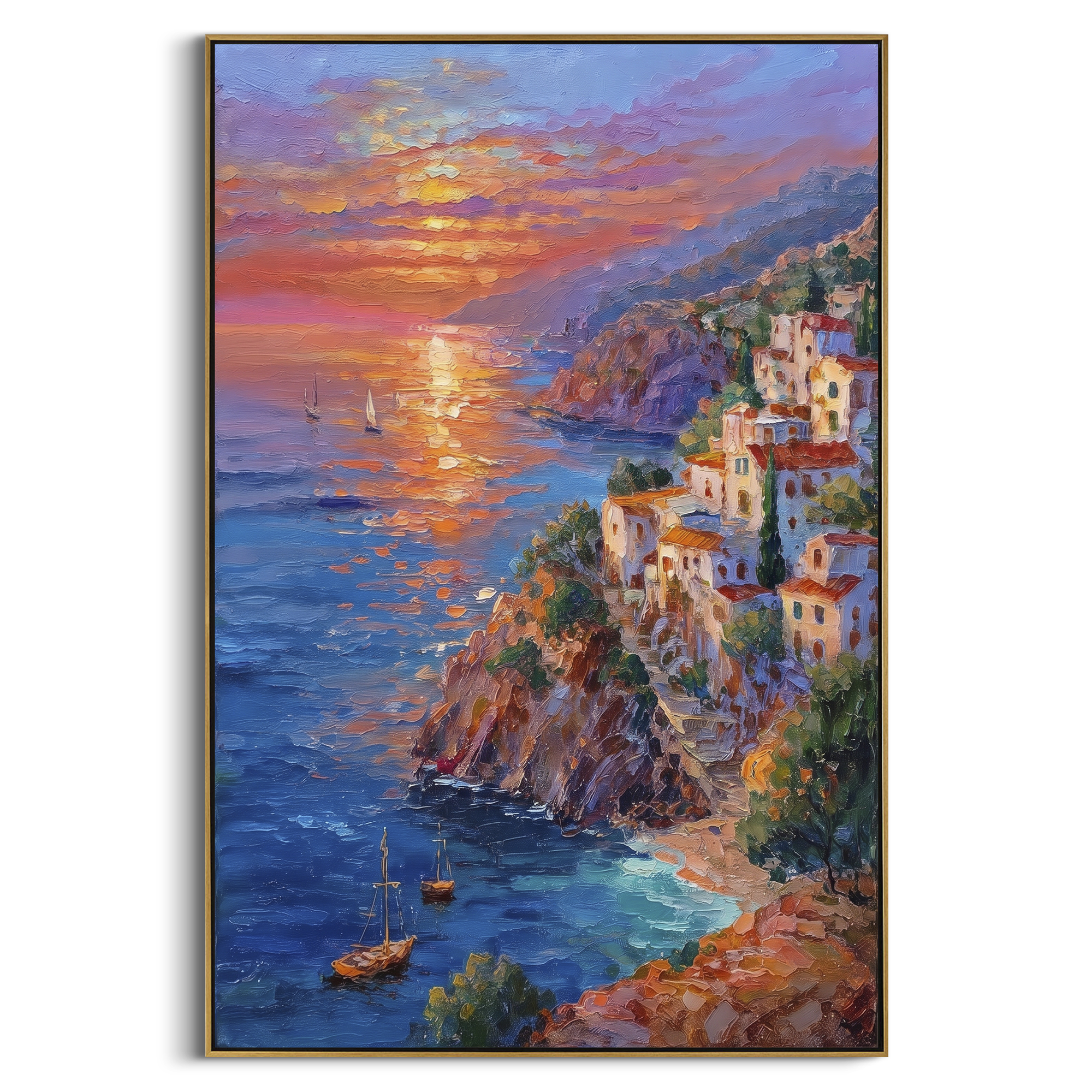 "Sunset Harbor Steps Painting" focuses on atmosphere, surface movement, and sculptural heavy impasto craftsmanship rather than a fixed literal storyline. The composition uses this hand-painted Mediterranean canvas features warm sunset over the coast, stone steps, boats, cliff village and orange light, built with raised palette-knife texture, layered brushwork, and luminous coastal color as the visual anchor, while layered palette-knife paint, raised plaster-like texture, and softened brush