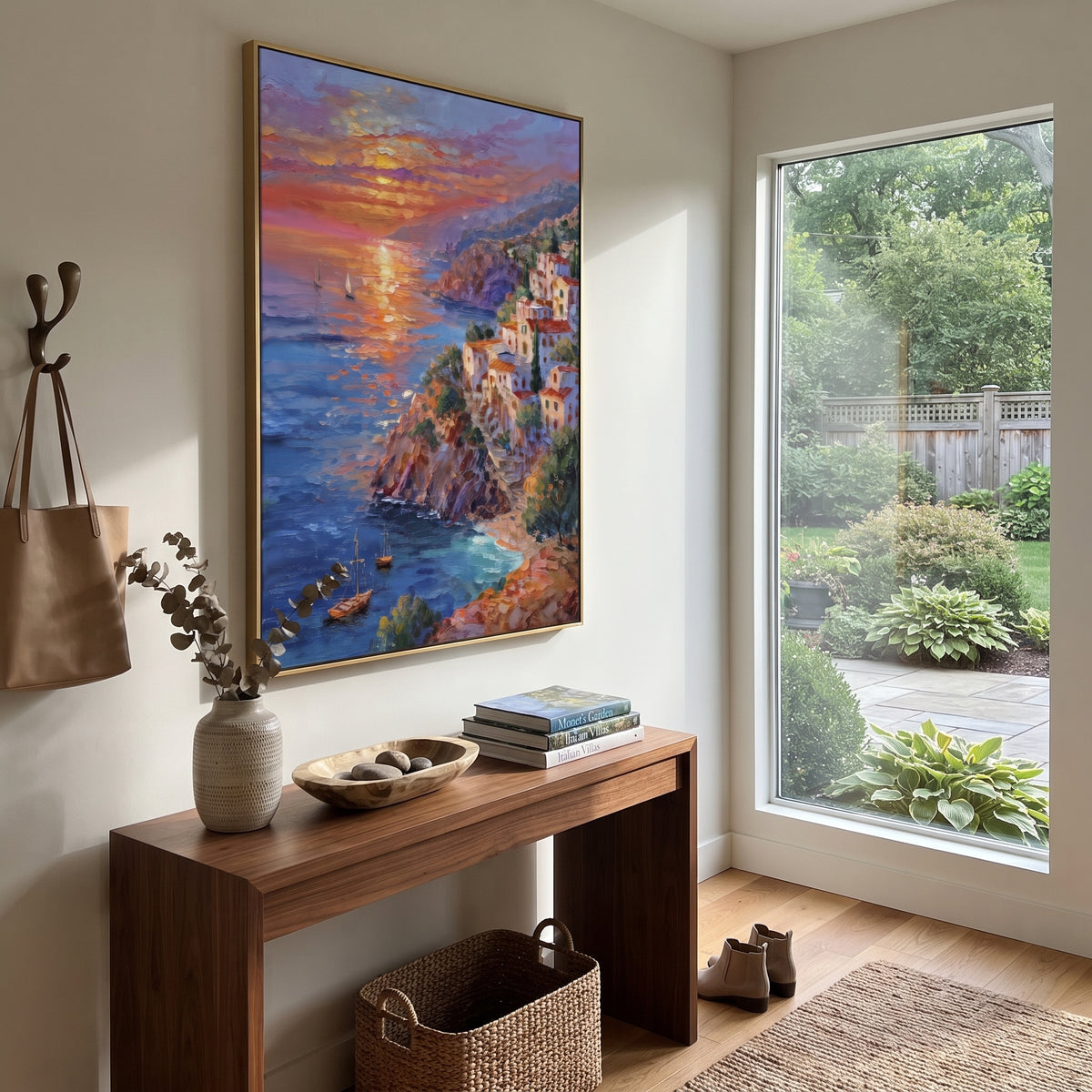 "Sunset Harbor Steps Painting" focuses on atmosphere, surface movement, and sculptural heavy impasto craftsmanship rather than a fixed literal storyline. The composition uses this hand-painted Mediterranean canvas features warm sunset over the coast, stone steps, boats, cliff village and orange light, built with raised palette-knife texture, layered brushwork, and luminous coastal color as the visual anchor, while layered palette-knife paint, raised plaster-like texture, and softened brush