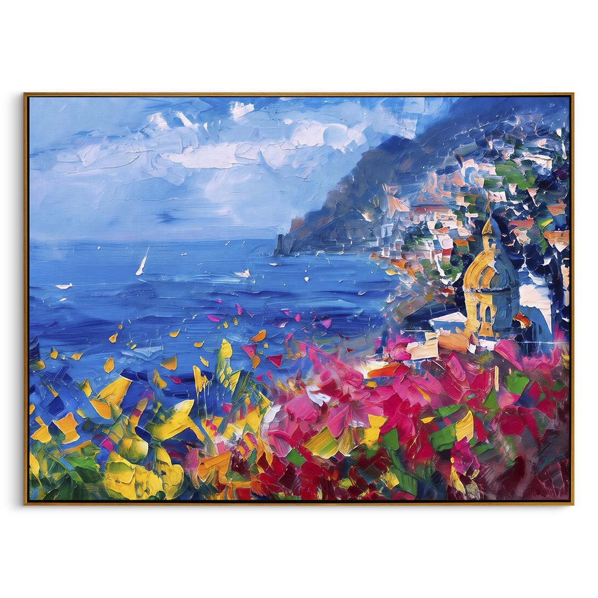 "Mediterranean Cliff View Painting" focuses on atmosphere, surface movement, and sculptural heavy impasto craftsmanship rather than a fixed literal storyline. The composition uses this hand-painted Mediterranean canvas features steep coastal cliffs, hillside village, deep blue water, floral foreground, textured sky, built with raised palette-knife texture, layered brushwork, and luminous coastal color as the visual anchor, while layered palette-knife paint, raised plaster-like texture, and