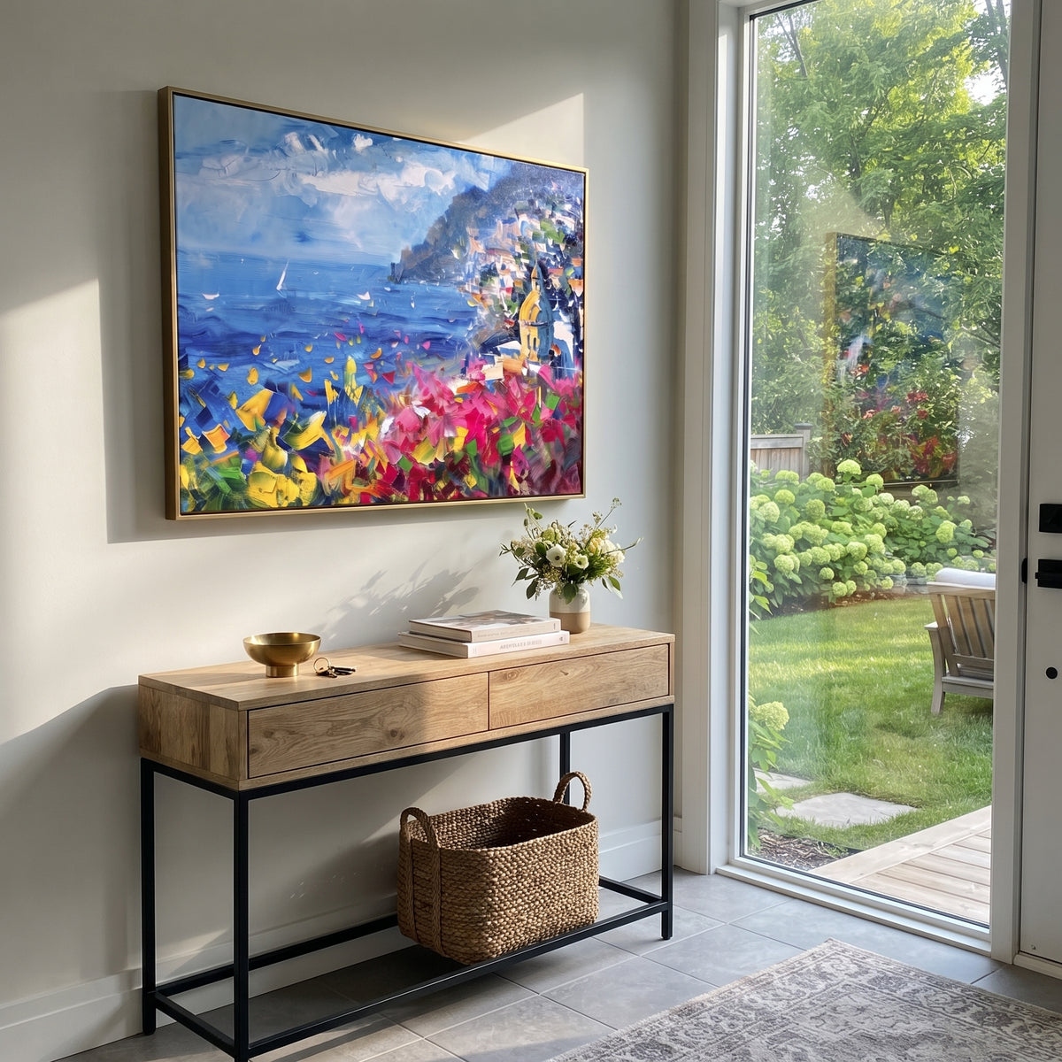 "Mediterranean Cliff View Painting" focuses on atmosphere, surface movement, and sculptural heavy impasto craftsmanship rather than a fixed literal storyline. The composition uses this hand-painted Mediterranean canvas features steep coastal cliffs, hillside village, deep blue water, floral foreground, textured sky, built with raised palette-knife texture, layered brushwork, and luminous coastal color as the visual anchor, while layered palette-knife paint, raised plaster-like texture, and