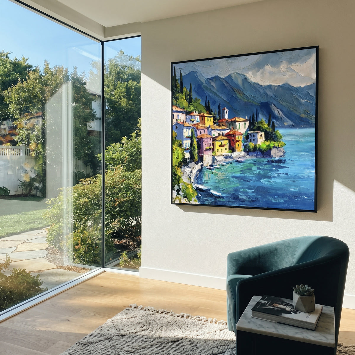 "Hillside Village Sea Painting" focuses on atmosphere, surface movement, and sculptural heavy impasto craftsmanship rather than a fixed literal storyline. The composition uses this hand-painted Mediterranean canvas features coastal mountains, small village rooftops, winding shore, blue bay and garden accents, built with raised palette-knife texture, layered brushwork, and luminous coastal color as the visual anchor, while layered palette-knife paint, raised plaster-like texture, and softened