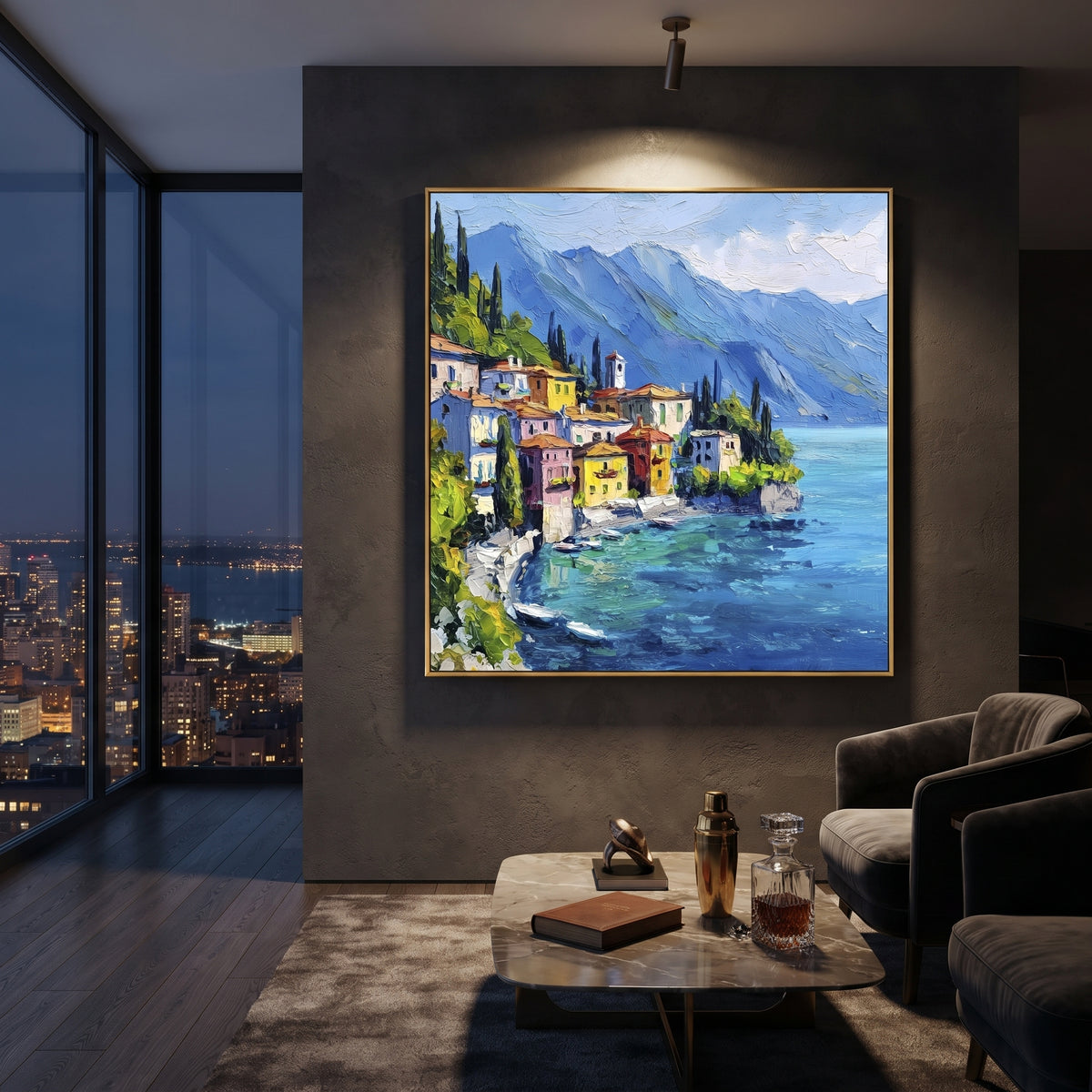 "Hillside Village Sea Painting" focuses on atmosphere, surface movement, and sculptural heavy impasto craftsmanship rather than a fixed literal storyline. The composition uses this hand-painted Mediterranean canvas features coastal mountains, small village rooftops, winding shore, blue bay and garden accents, built with raised palette-knife texture, layered brushwork, and luminous coastal color as the visual anchor, while layered palette-knife paint, raised plaster-like texture, and softened