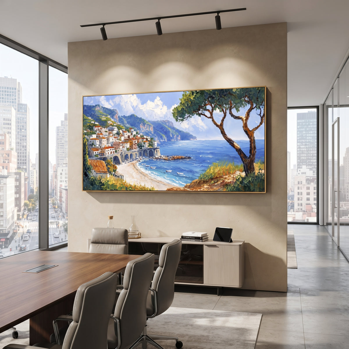 "Fishing Boats Reflections Study Painting" focuses on atmosphere, surface movement, and sculptural heavy impasto craftsmanship rather than a fixed literal storyline. The composition uses this hand-painted Mediterranean canvas features colorful waterfront houses, moored boats, shimmering blue harbor reflections, pastel sky, built with raised palette-knife texture, layered brushwork, and luminous coastal color as the visual anchor, while layered palette-knife paint, raised plaster-like texture