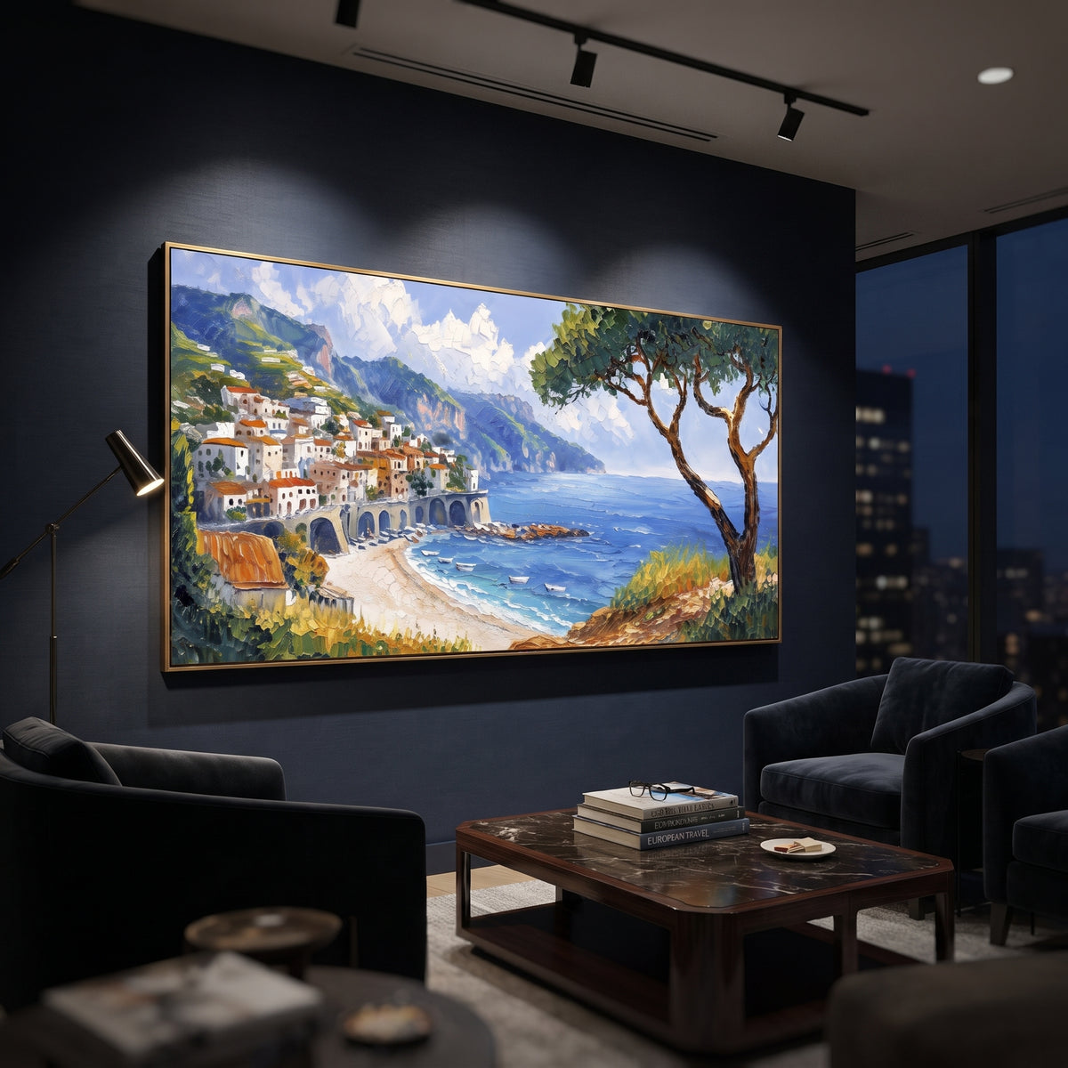 "Fishing Boats Reflections Study Painting" focuses on atmosphere, surface movement, and sculptural heavy impasto craftsmanship rather than a fixed literal storyline. The composition uses this hand-painted Mediterranean canvas features colorful waterfront houses, moored boats, shimmering blue harbor reflections, pastel sky, built with raised palette-knife texture, layered brushwork, and luminous coastal color as the visual anchor, while layered palette-knife paint, raised plaster-like texture