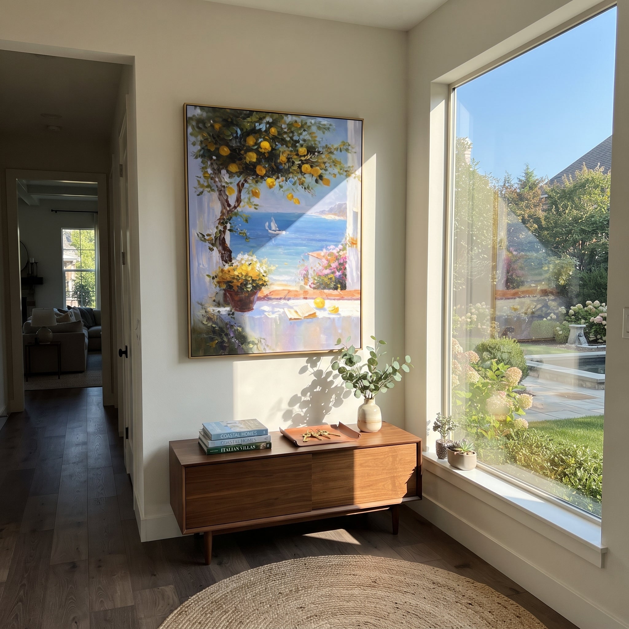 "Lemon Branch Seascape Painting" focuses on atmosphere, surface movement, and sculptural heavy impasto craftsmanship rather than a fixed literal storyline. The composition uses this hand-painted Mediterranean canvas features open blue shutters, lemon branches, calm sea view, bright white wall and terrace light, built with raised palette-knife texture, layered brushwork, and luminous coastal color as the visual anchor, while layered palette-knife paint, raised plaster-like texture, and softened