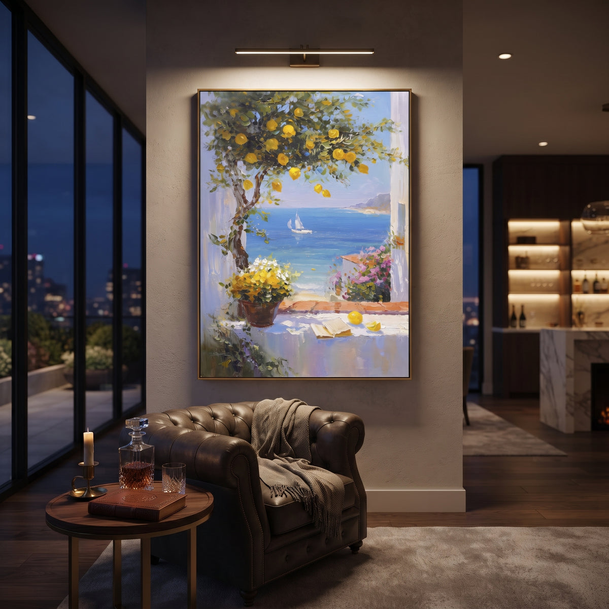 "Lemon Branch Seascape Painting" focuses on atmosphere, surface movement, and sculptural heavy impasto craftsmanship rather than a fixed literal storyline. The composition uses this hand-painted Mediterranean canvas features open blue shutters, lemon branches, calm sea view, bright white wall and terrace light, built with raised palette-knife texture, layered brushwork, and luminous coastal color as the visual anchor, while layered palette-knife paint, raised plaster-like texture, and softened