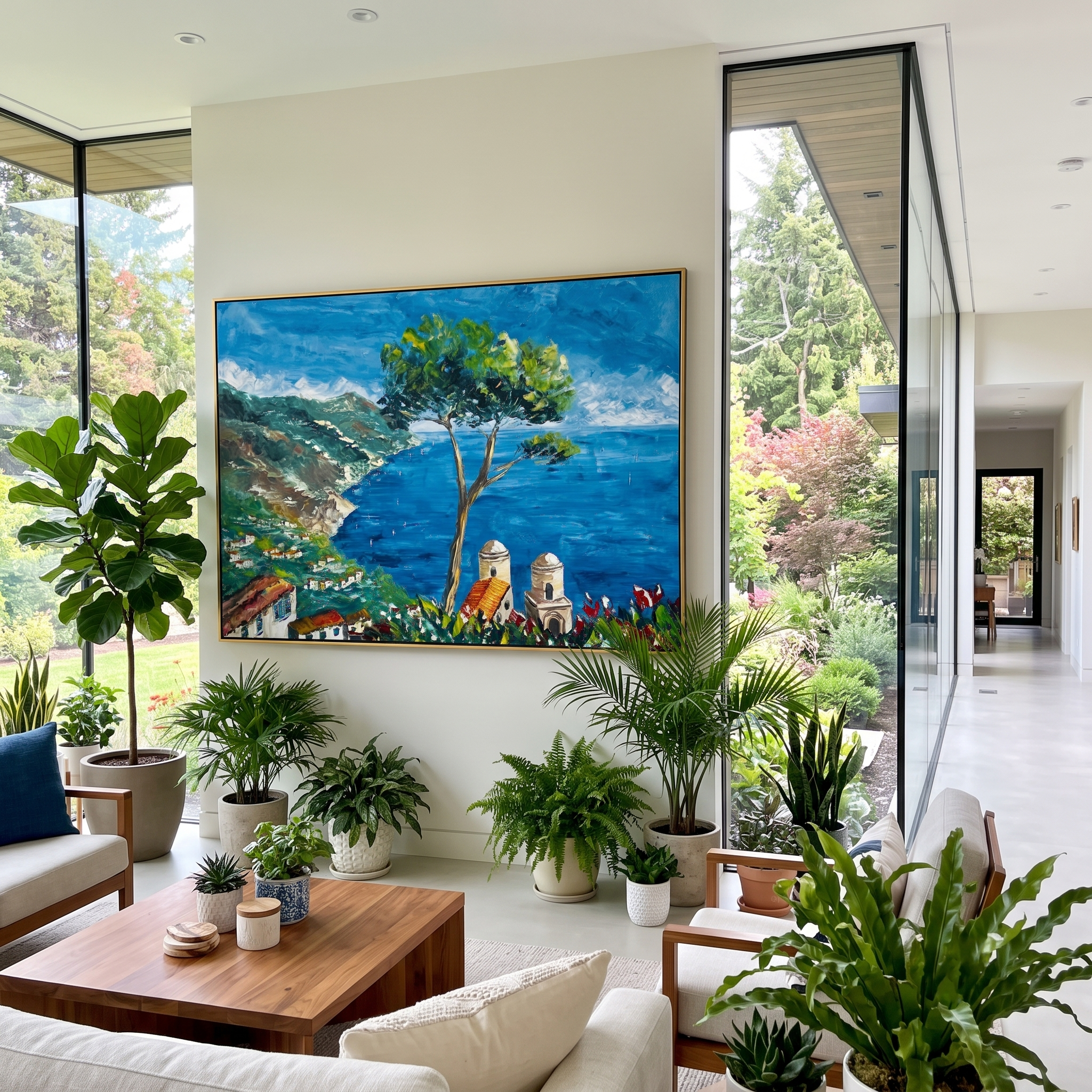 "Hillside Sea Coast Painting" focuses on atmosphere, surface movement, and sculptural heavy impasto craftsmanship rather than a fixed literal storyline. The composition uses this hand-painted Mediterranean canvas features steep coastal cliffs, hillside village, deep blue water, floral foreground, textured sky, built with raised palette-knife texture, layered brushwork, and luminous coastal color as the visual anchor, while layered palette-knife paint, raised plaster-like texture, and softened