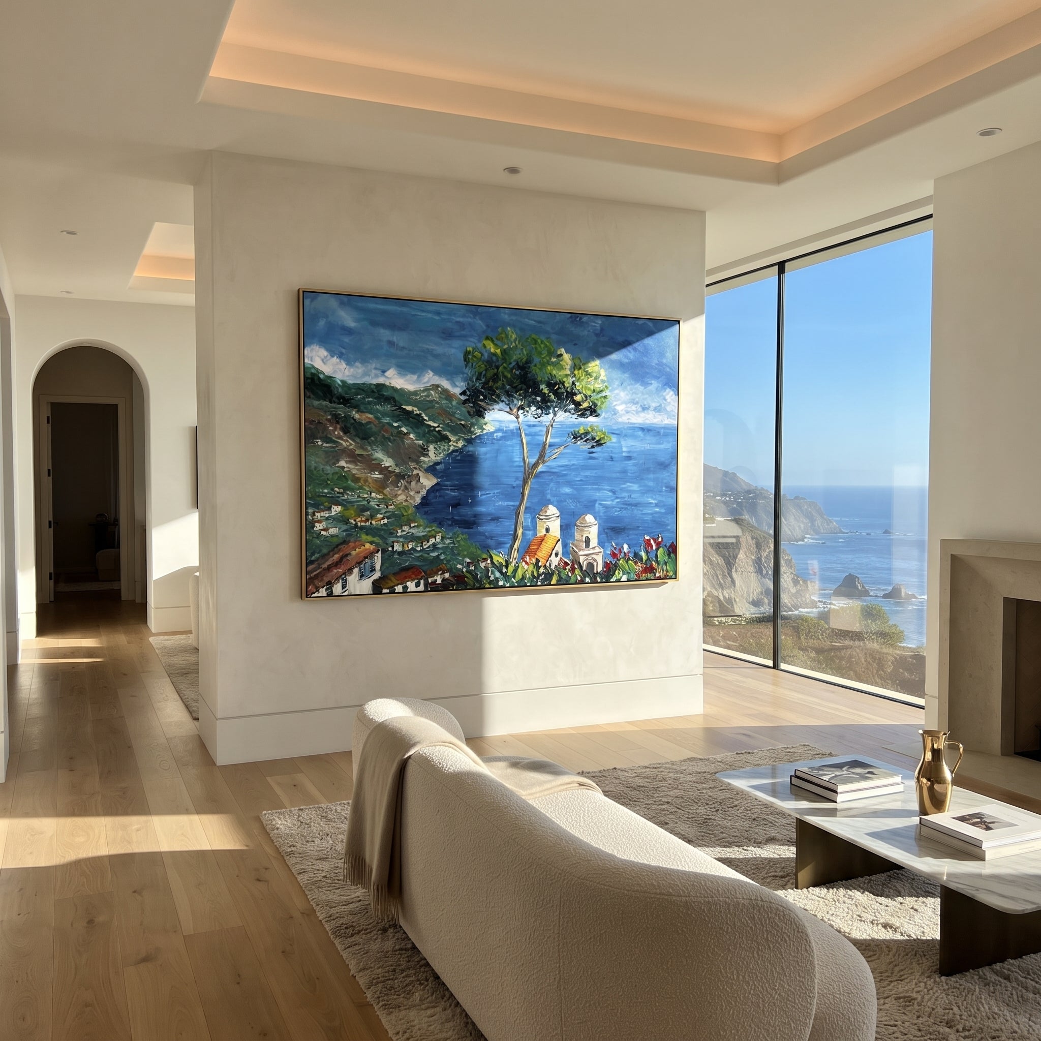 "Hillside Sea Coast Painting" focuses on atmosphere, surface movement, and sculptural heavy impasto craftsmanship rather than a fixed literal storyline. The composition uses this hand-painted Mediterranean canvas features steep coastal cliffs, hillside village, deep blue water, floral foreground, textured sky, built with raised palette-knife texture, layered brushwork, and luminous coastal color as the visual anchor, while layered palette-knife paint, raised plaster-like texture, and softened
