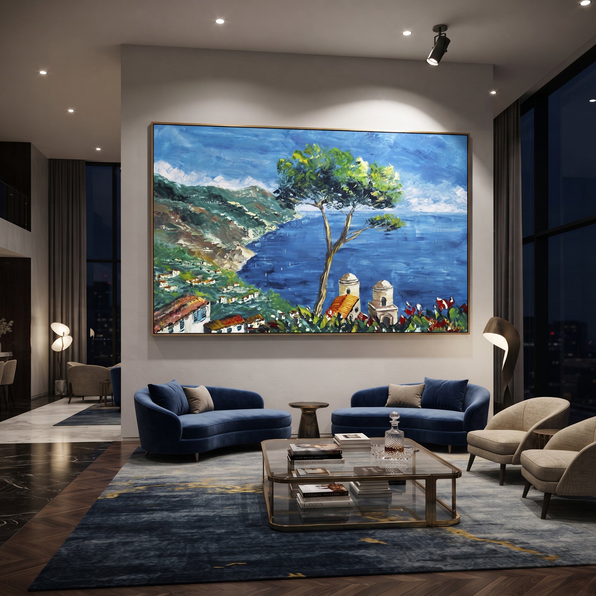 "Hillside Sea Coast Painting" focuses on atmosphere, surface movement, and sculptural heavy impasto craftsmanship rather than a fixed literal storyline. The composition uses this hand-painted Mediterranean canvas features steep coastal cliffs, hillside village, deep blue water, floral foreground, textured sky, built with raised palette-knife texture, layered brushwork, and luminous coastal color as the visual anchor, while layered palette-knife paint, raised plaster-like texture, and softened