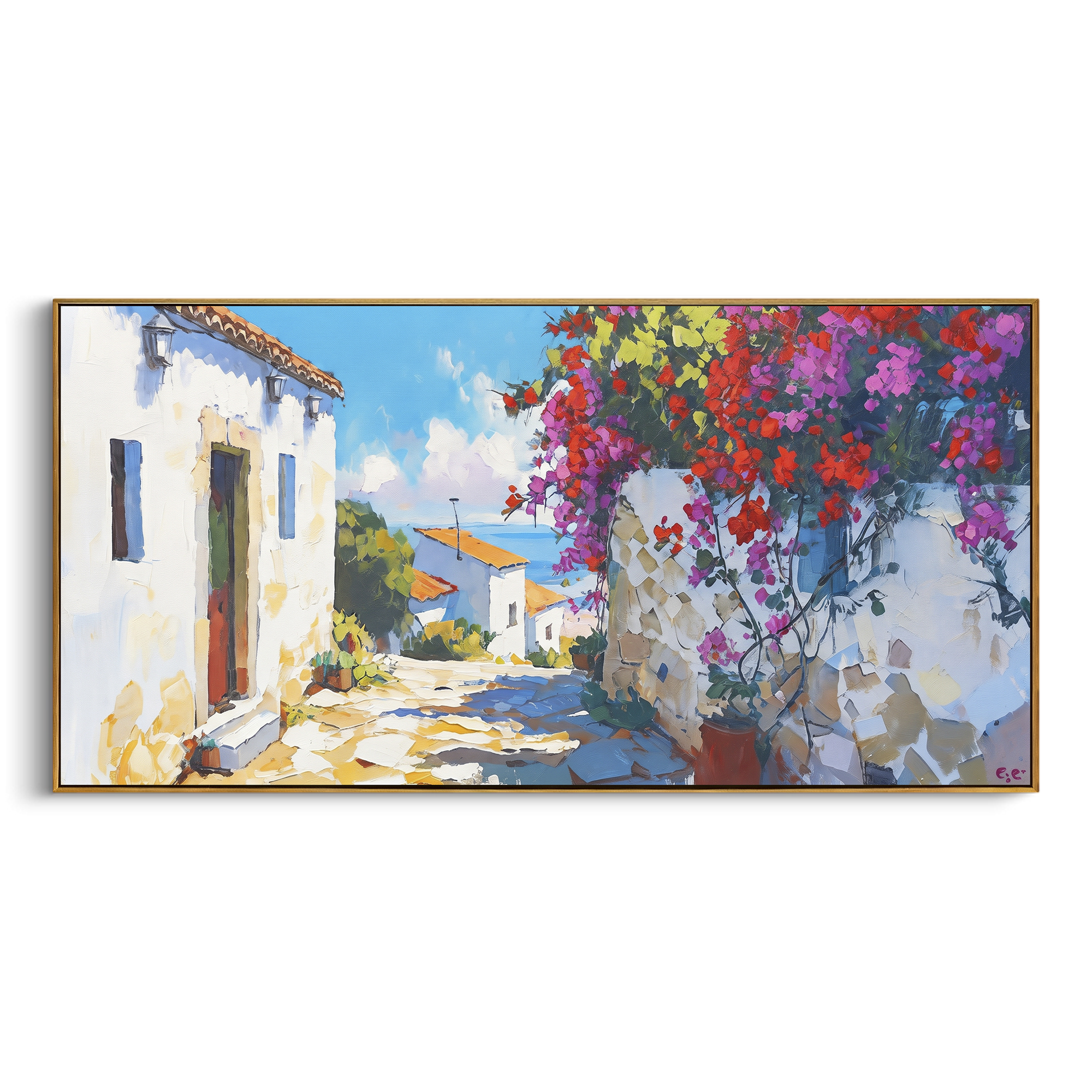 "Blue Harbor Town Study Painting" focuses on atmosphere, surface movement, and sculptural heavy impasto craftsmanship rather than a fixed literal storyline. The composition uses this hand-painted Mediterranean canvas features colorful waterfront houses, moored boats, shimmering blue harbor reflections, pastel sky, built with raised palette-knife texture, layered brushwork, and luminous coastal color as the visual anchor, while layered palette-knife paint, raised plaster-like texture, and