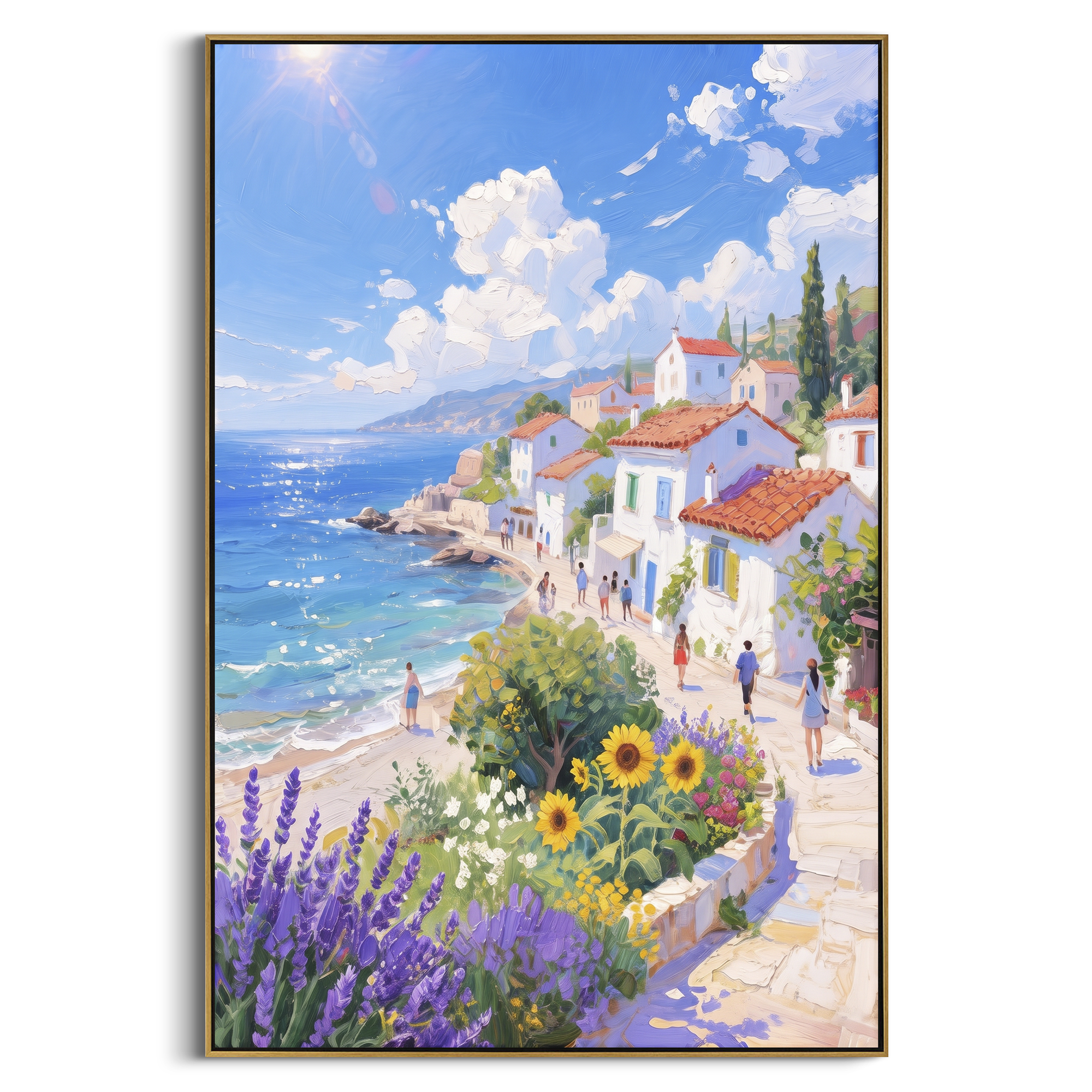 "Blue Bay Flower Garden Study Painting" focuses on atmosphere, surface movement, and sculptural heavy impasto craftsmanship rather than a fixed literal storyline. The composition uses this hand-painted Mediterranean canvas features sailboats on a blue bay, flowering terrace, coastal town and luminous summer sky, built with raised palette-knife texture, layered brushwork, and luminous coastal color as the visual anchor, while layered palette-knife paint, raised plaster-like texture, and softened