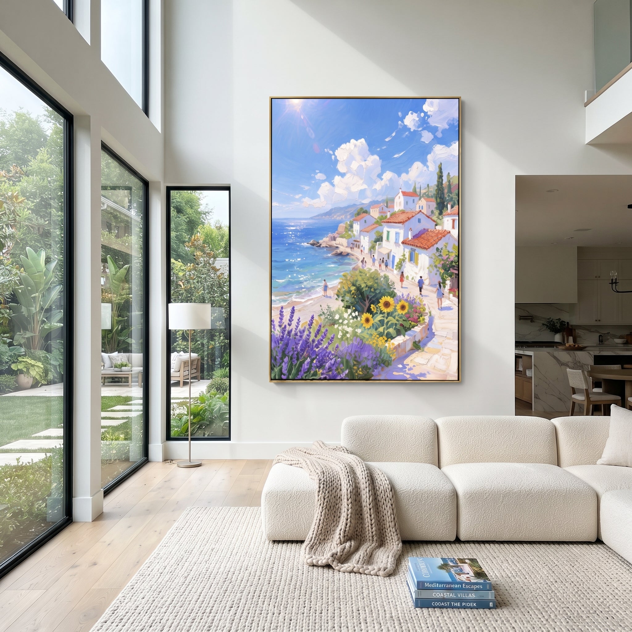 "Blue Bay Flower Garden Study Painting" focuses on atmosphere, surface movement, and sculptural heavy impasto craftsmanship rather than a fixed literal storyline. The composition uses this hand-painted Mediterranean canvas features sailboats on a blue bay, flowering terrace, coastal town and luminous summer sky, built with raised palette-knife texture, layered brushwork, and luminous coastal color as the visual anchor, while layered palette-knife paint, raised plaster-like texture, and softened
