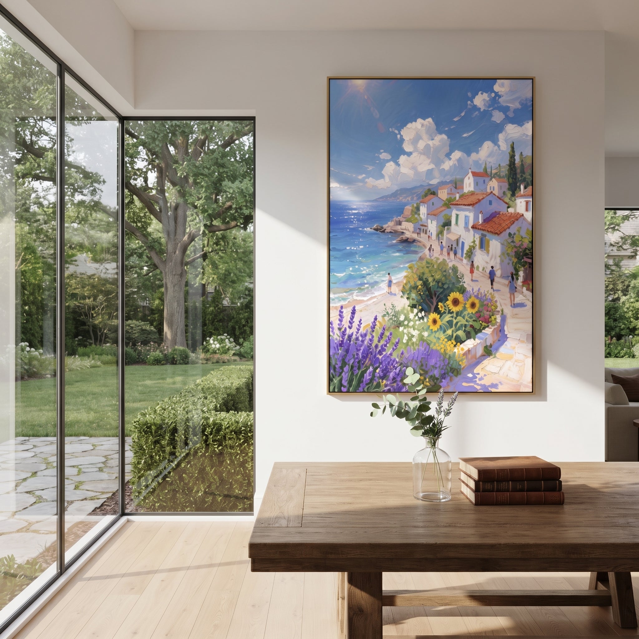 "Blue Bay Flower Garden Study Painting" focuses on atmosphere, surface movement, and sculptural heavy impasto craftsmanship rather than a fixed literal storyline. The composition uses this hand-painted Mediterranean canvas features sailboats on a blue bay, flowering terrace, coastal town and luminous summer sky, built with raised palette-knife texture, layered brushwork, and luminous coastal color as the visual anchor, while layered palette-knife paint, raised plaster-like texture, and softened