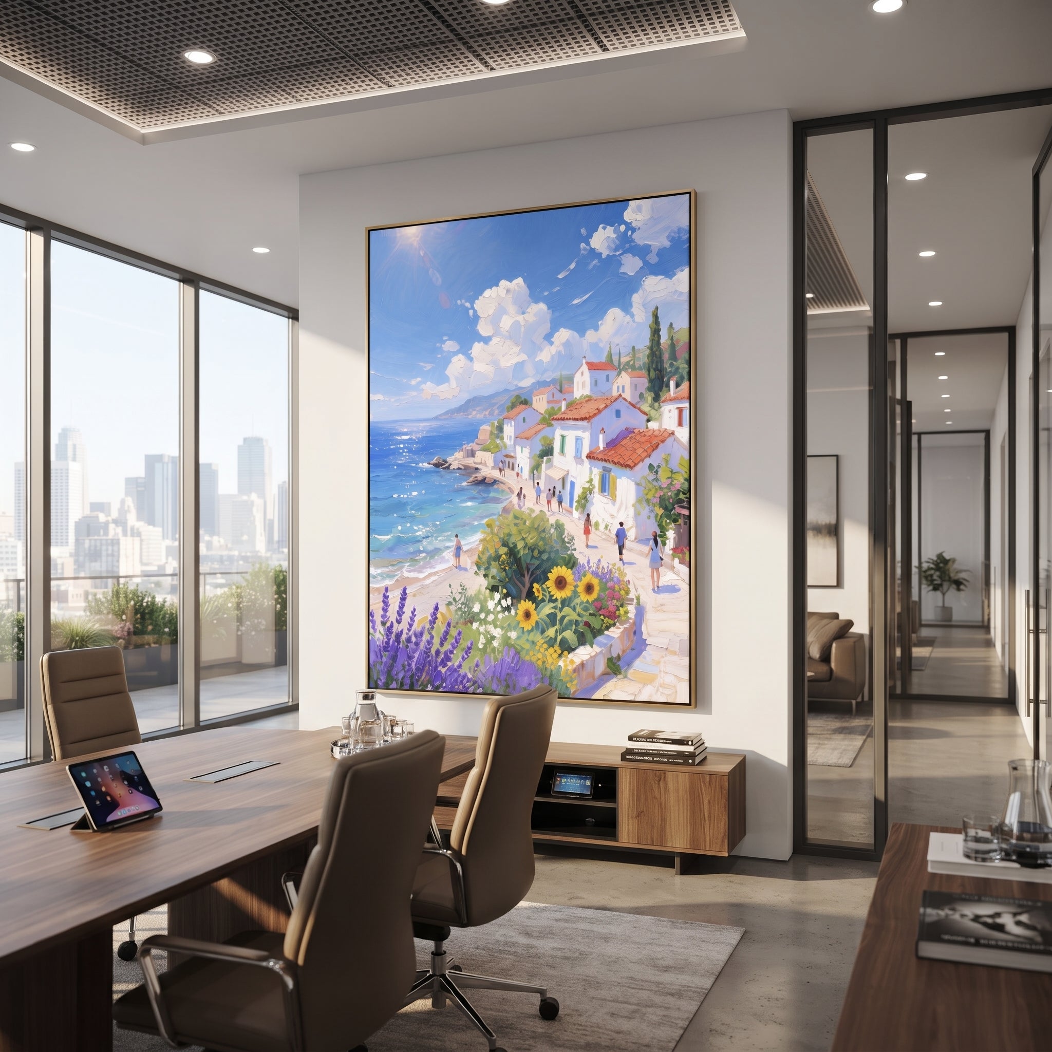 "Blue Bay Flower Garden Study Painting" focuses on atmosphere, surface movement, and sculptural heavy impasto craftsmanship rather than a fixed literal storyline. The composition uses this hand-painted Mediterranean canvas features sailboats on a blue bay, flowering terrace, coastal town and luminous summer sky, built with raised palette-knife texture, layered brushwork, and luminous coastal color as the visual anchor, while layered palette-knife paint, raised plaster-like texture, and softened