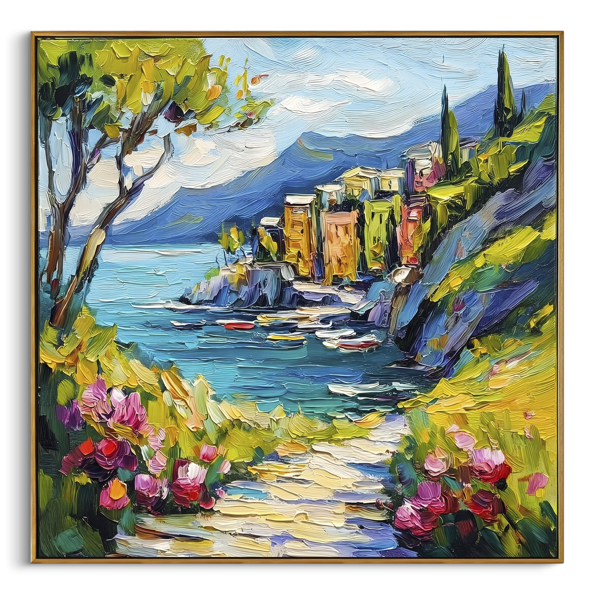 "Olive Tree Coastal Path Painting" focuses on atmosphere, surface movement, and sculptural heavy impasto craftsmanship rather than a fixed literal storyline. The composition uses this hand-painted Mediterranean canvas features olive or cypress trees framing a stone path, blue sea beyond, garden color and sun, built with raised palette-knife texture, layered brushwork, and luminous coastal color as the visual anchor, while layered palette-knife paint, raised plaster-like texture, and softened
