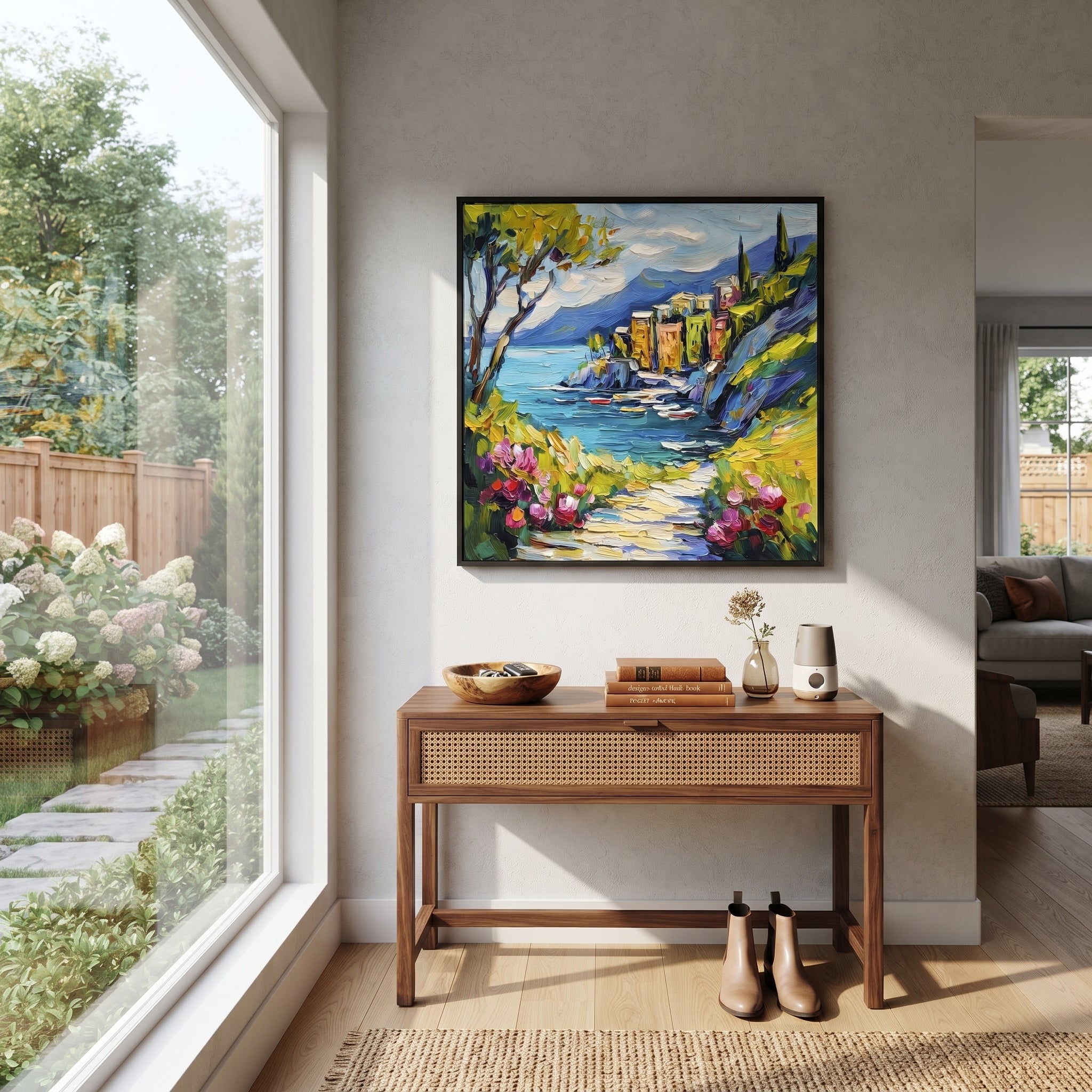 "Olive Tree Coastal Path Painting" focuses on atmosphere, surface movement, and sculptural heavy impasto craftsmanship rather than a fixed literal storyline. The composition uses this hand-painted Mediterranean canvas features olive or cypress trees framing a stone path, blue sea beyond, garden color and sun, built with raised palette-knife texture, layered brushwork, and luminous coastal color as the visual anchor, while layered palette-knife paint, raised plaster-like texture, and softened