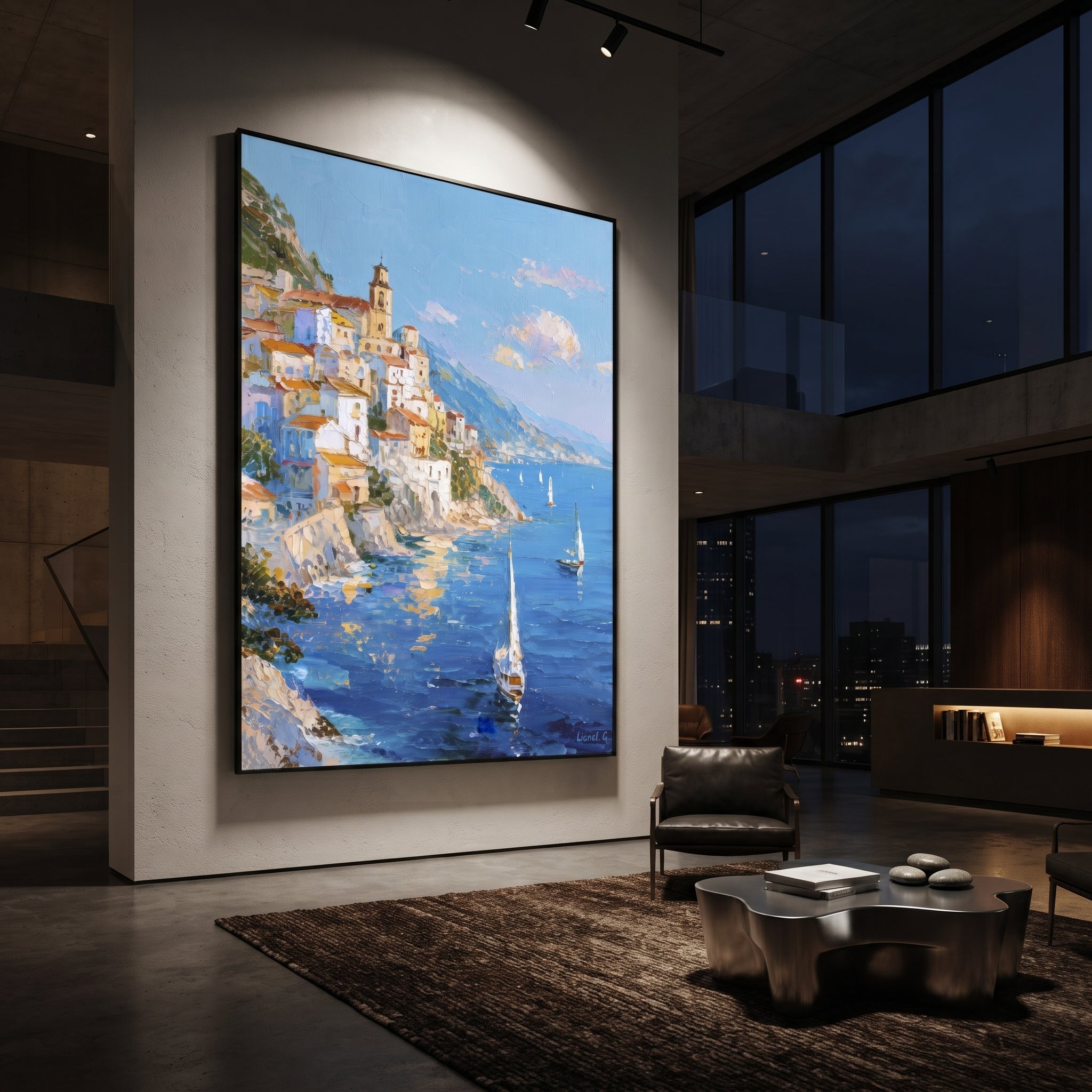 "Rocky Coast Village Painting" focuses on atmosphere, surface movement, and sculptural heavy impasto craftsmanship rather than a fixed literal storyline. The composition uses this hand-painted Mediterranean canvas features steep coastal cliffs, hillside village, deep blue water, floral foreground, textured sky, built with raised palette-knife texture, layered brushwork, and luminous coastal color as the visual anchor, while layered palette-knife paint, raised plaster-like texture, and softened