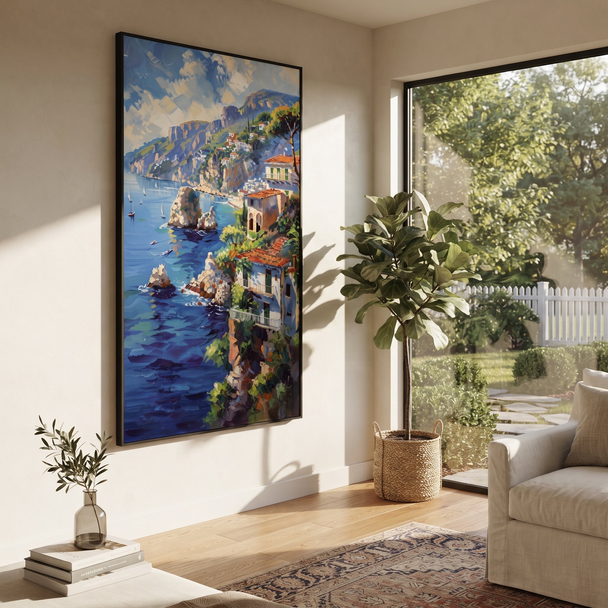 "Cliffside Sea Village Study Painting" focuses on atmosphere, surface movement, and sculptural heavy impasto craftsmanship rather than a fixed literal storyline. The composition uses this hand-painted Mediterranean canvas features steep coastal cliffs, hillside village, deep blue water, floral foreground, textured sky, built with raised palette-knife texture, layered brushwork, and luminous coastal color as the visual anchor, while layered palette-knife paint, raised plaster-like texture, and