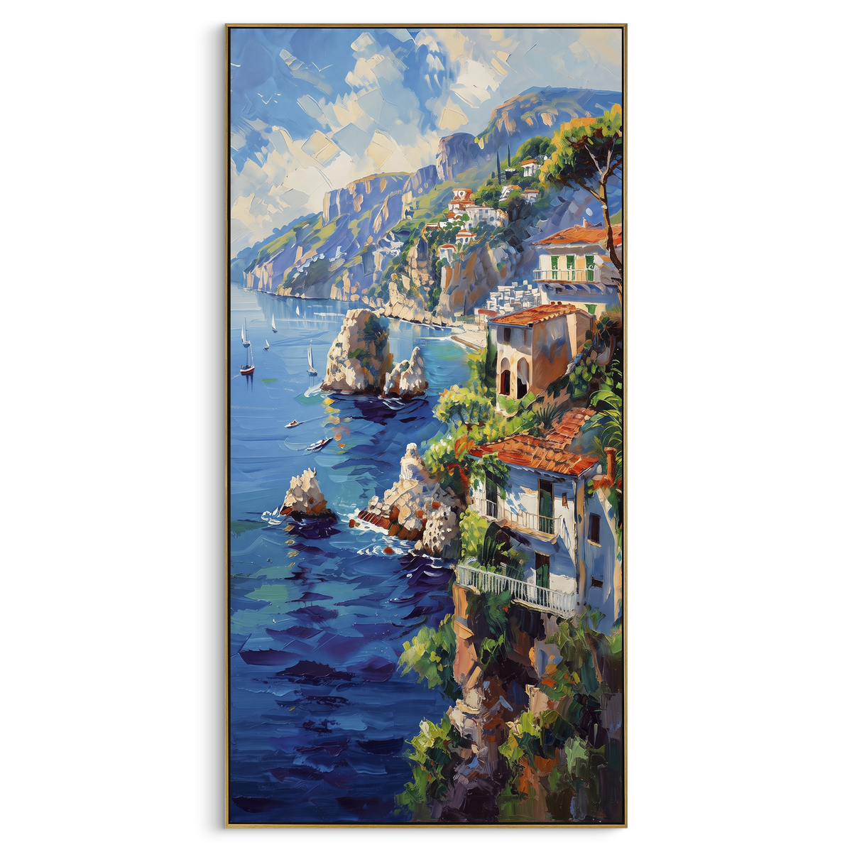 "Cliffside Sea Village Study Painting" focuses on atmosphere, surface movement, and sculptural heavy impasto craftsmanship rather than a fixed literal storyline. The composition uses this hand-painted Mediterranean canvas features steep coastal cliffs, hillside village, deep blue water, floral foreground, textured sky, built with raised palette-knife texture, layered brushwork, and luminous coastal color as the visual anchor, while layered palette-knife paint, raised plaster-like texture, and
